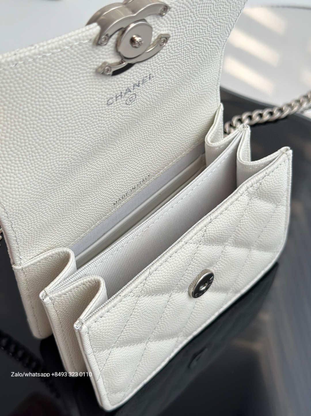 CHANEL 22S FLAP BAG WITH TOP HANDLE Grained calfskin dark-Tone Metal White/black