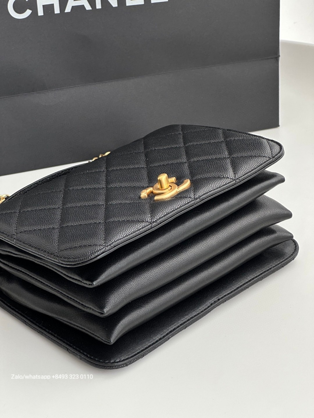 CHANEL 23b FLAP BAG WITH TOP HANDLE Grained Calfskin & Gold-Tone Metal Black