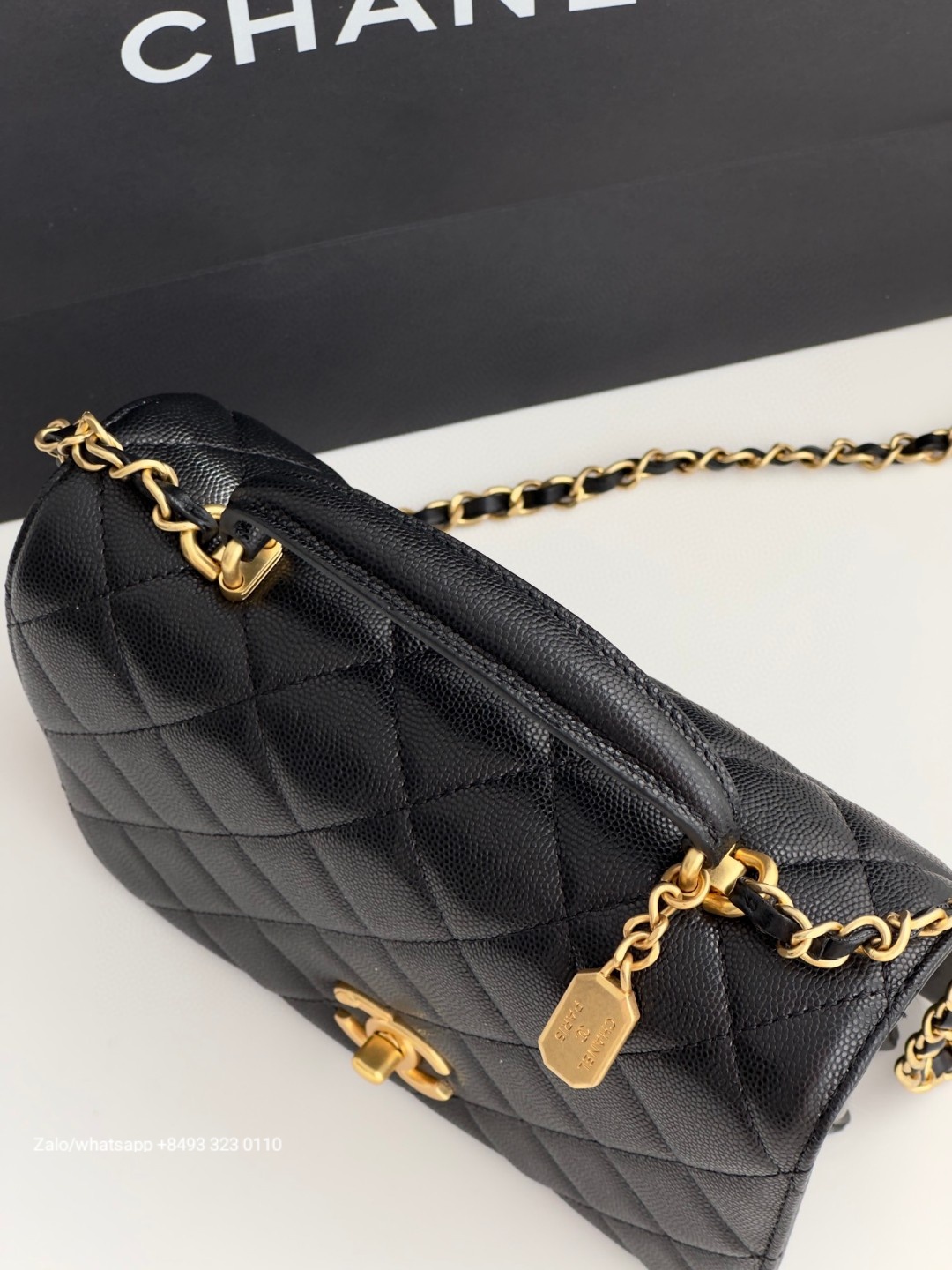 CHANEL 23b FLAP BAG WITH TOP HANDLE Grained Calfskin & Gold-Tone Metal Black