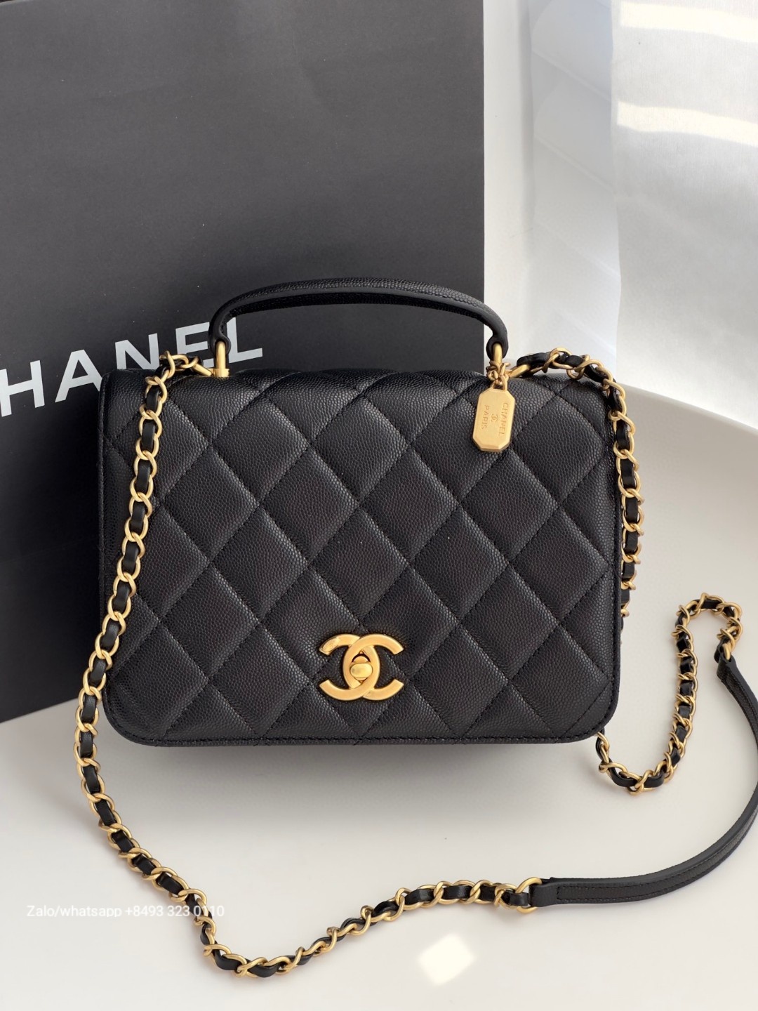 CHANEL 23b FLAP BAG WITH TOP HANDLE Grained Calfskin & Gold-Tone Metal Black