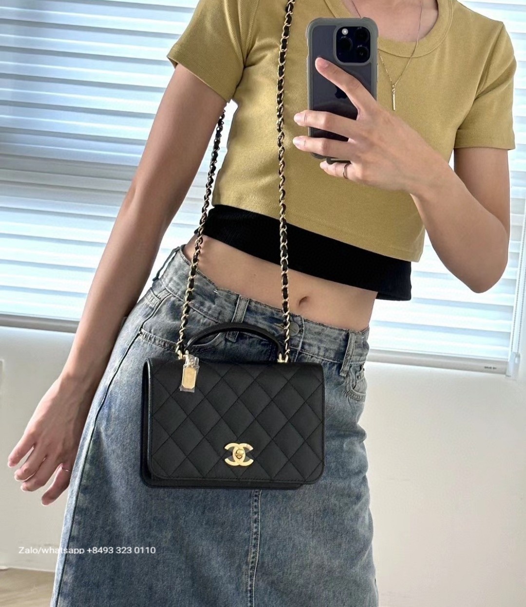 CHANEL 23b FLAP BAG WITH TOP HANDLE Grained Calfskin & Gold-Tone Metal Black