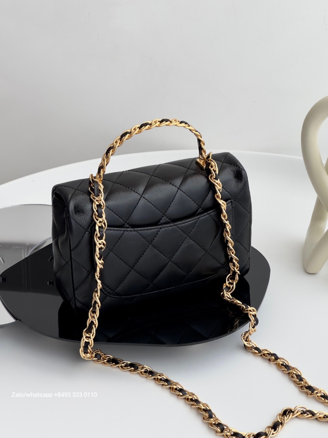 CHANEL MINI FLAP BAG WITH TOP HANDLE Shiny Lambskin Gold-Tone Metal Black