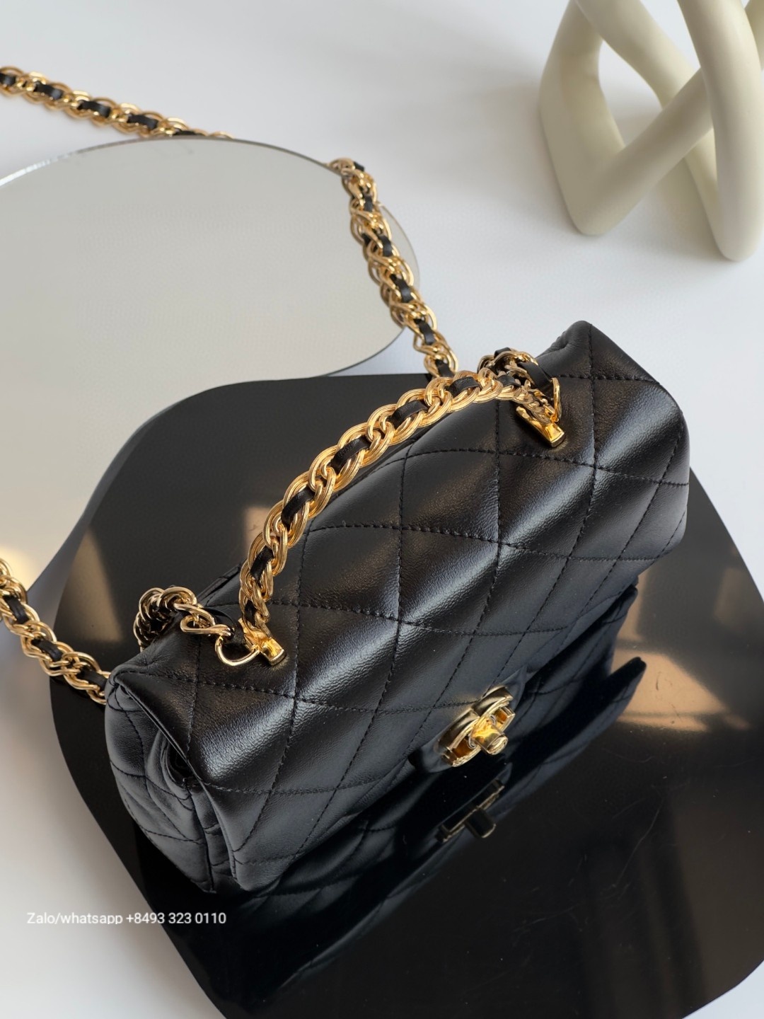 CHANEL MINI FLAP BAG WITH TOP HANDLE Shiny Lambskin Gold-Tone Metal Black