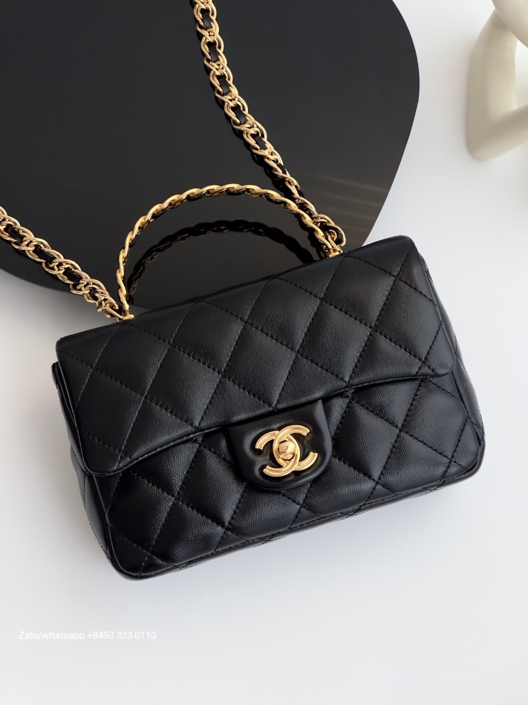 CHANEL MINI FLAP BAG WITH TOP HANDLE Shiny Lambskin Gold-Tone Metal Black