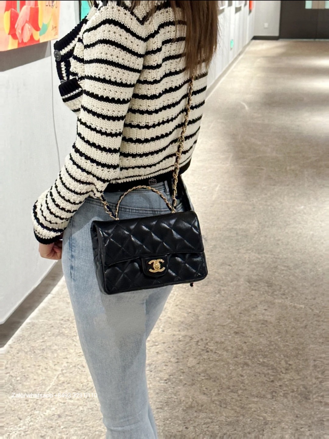 CHANEL MINI FLAP BAG WITH TOP HANDLE Shiny Lambskin Gold-Tone Metal Black