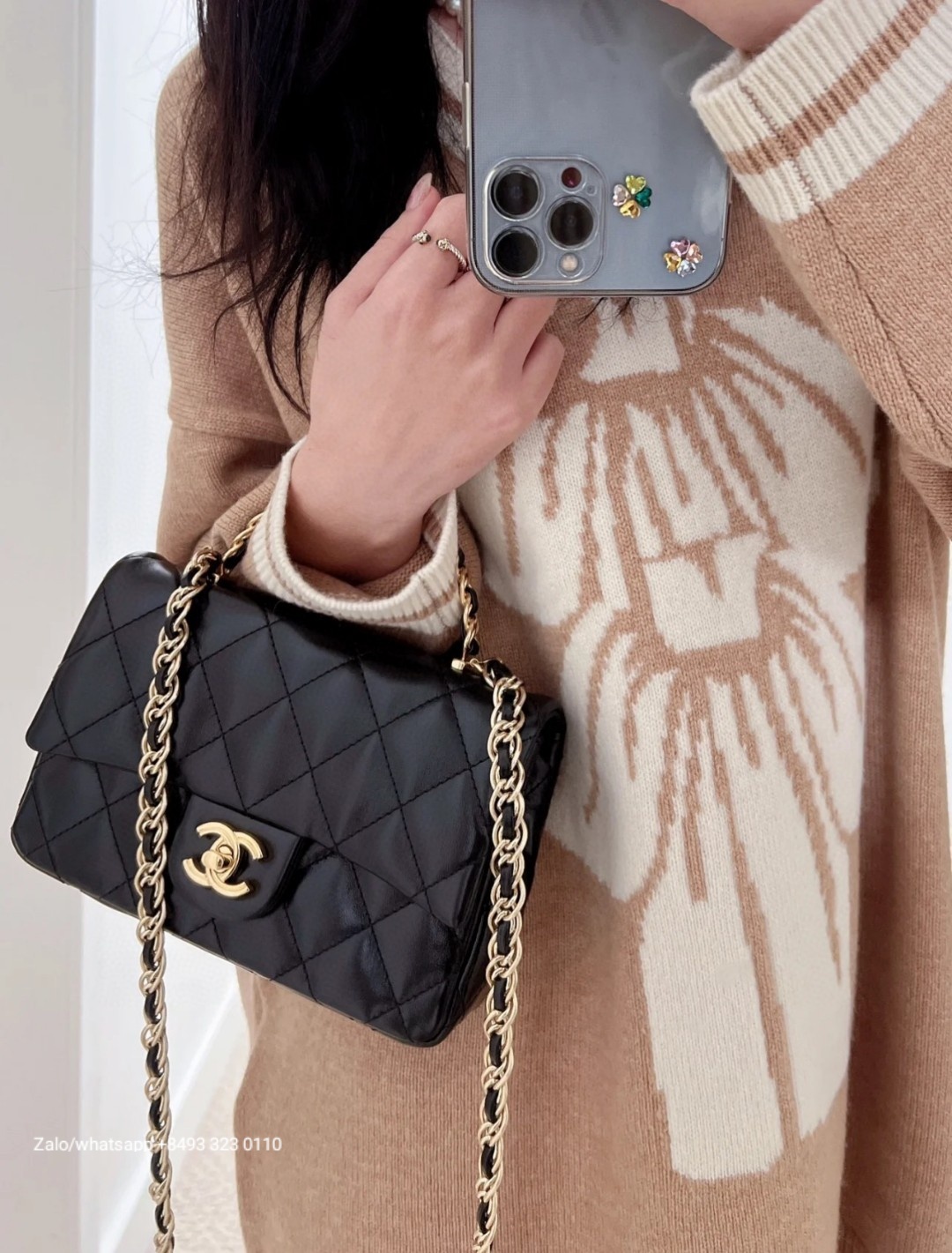 CHANEL MINI FLAP BAG WITH TOP HANDLE Shiny Lambskin Gold-Tone Metal Black