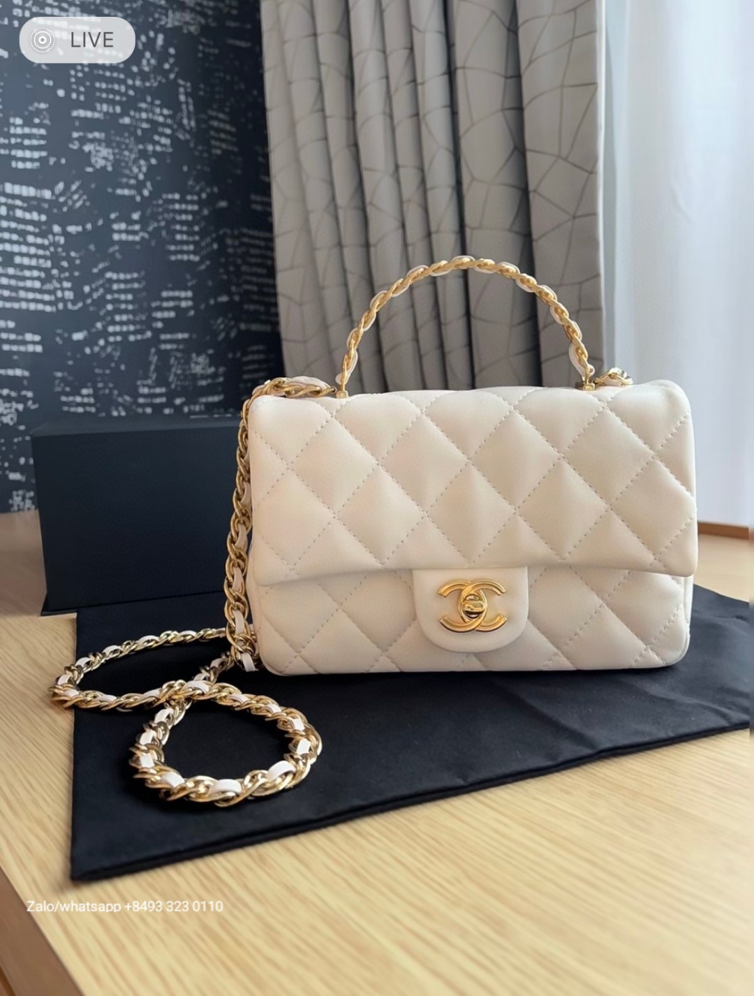 CHANEL MINI FLAP BAG WITH TOP HANDLE Shiny Lambskin Gold-Tone Metal white