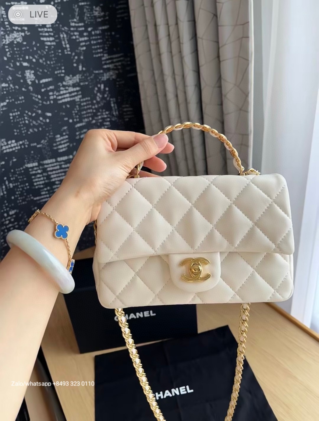 CHANEL MINI FLAP BAG WITH TOP HANDLE Shiny Lambskin Gold-Tone Metal white