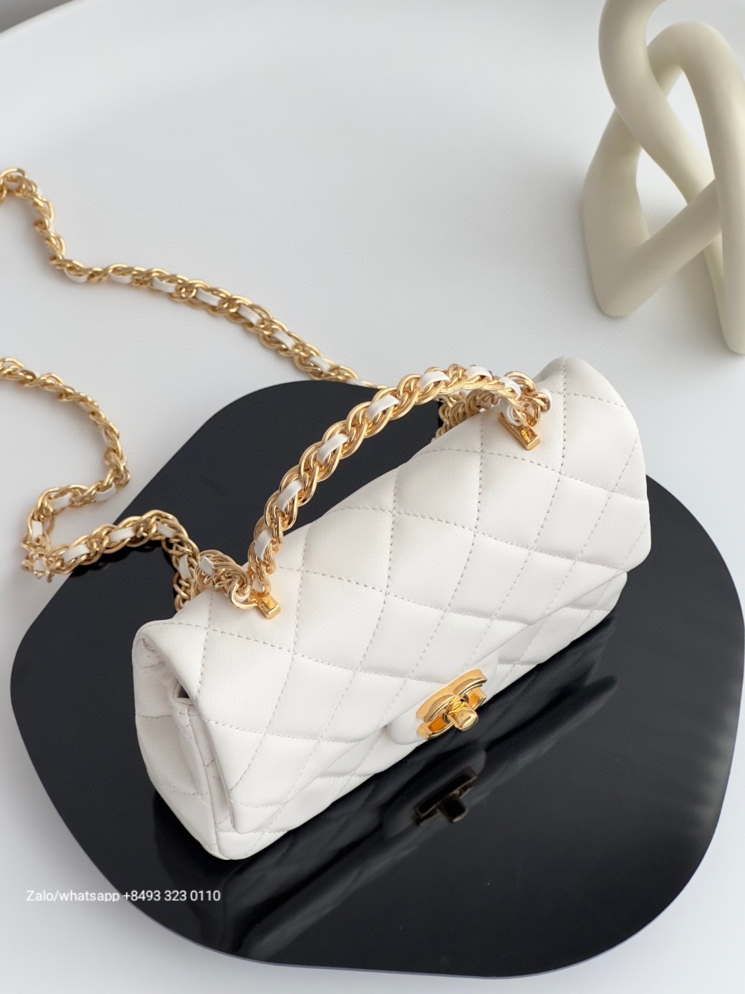 CHANEL MINI FLAP BAG WITH TOP HANDLE Shiny Lambskin Gold-Tone Metal white