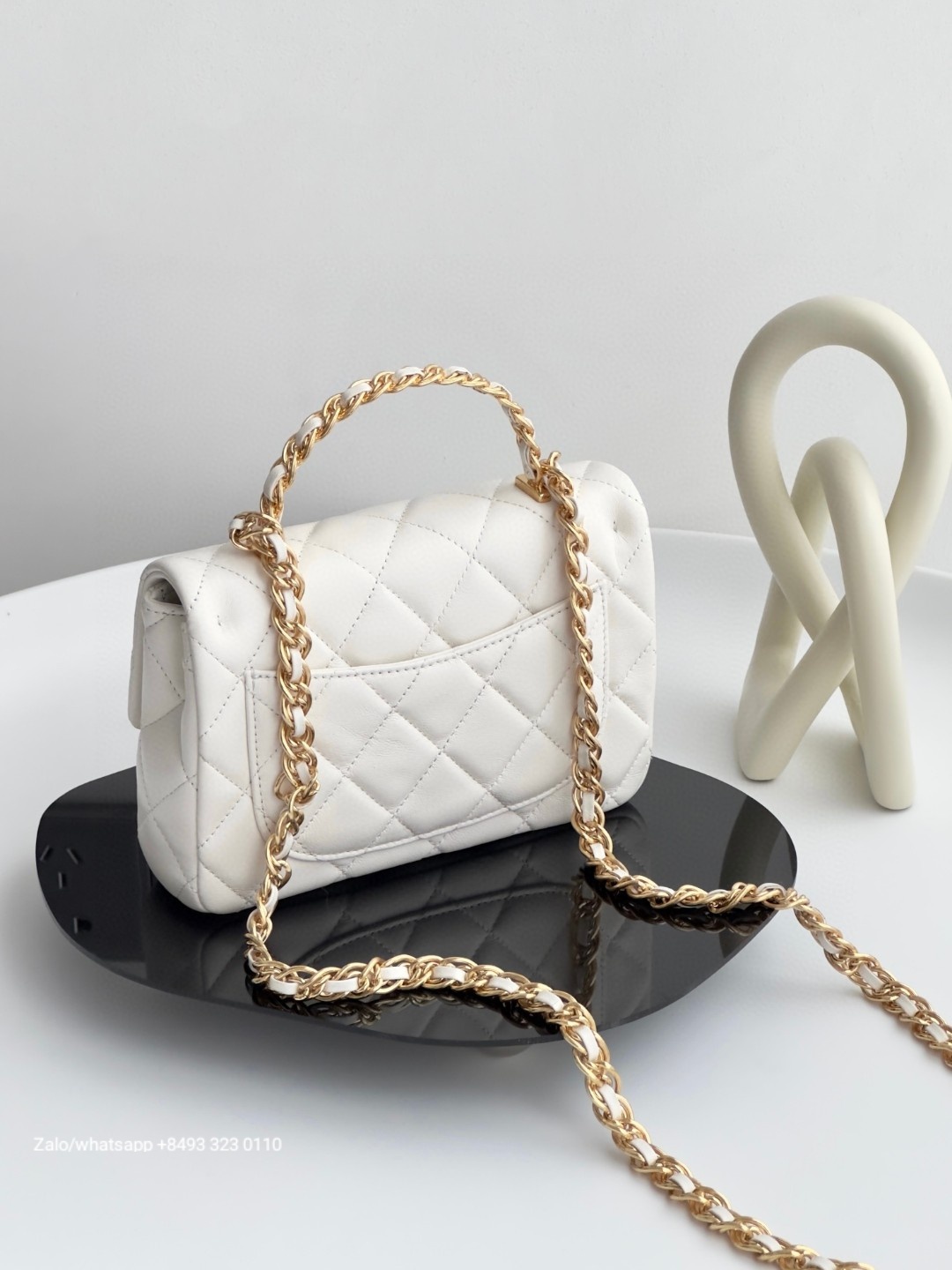 CHANEL MINI FLAP BAG WITH TOP HANDLE Shiny Lambskin Gold-Tone Metal white