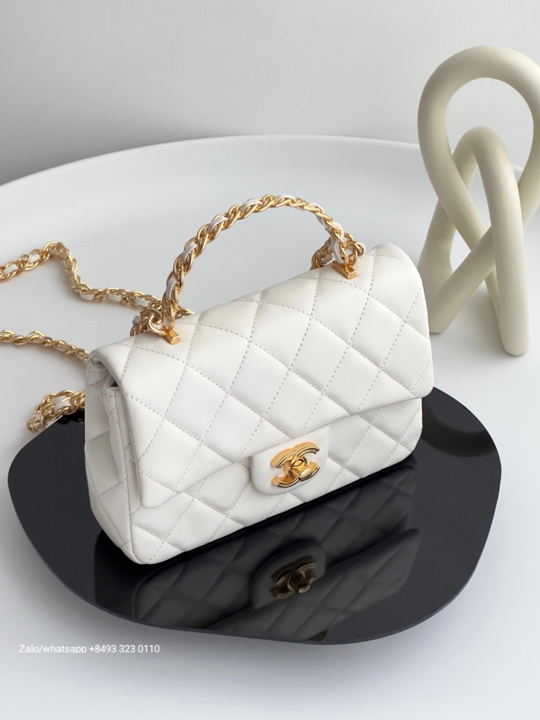 CHANEL MINI FLAP BAG WITH TOP HANDLE Shiny Lambskin Gold-Tone Metal white