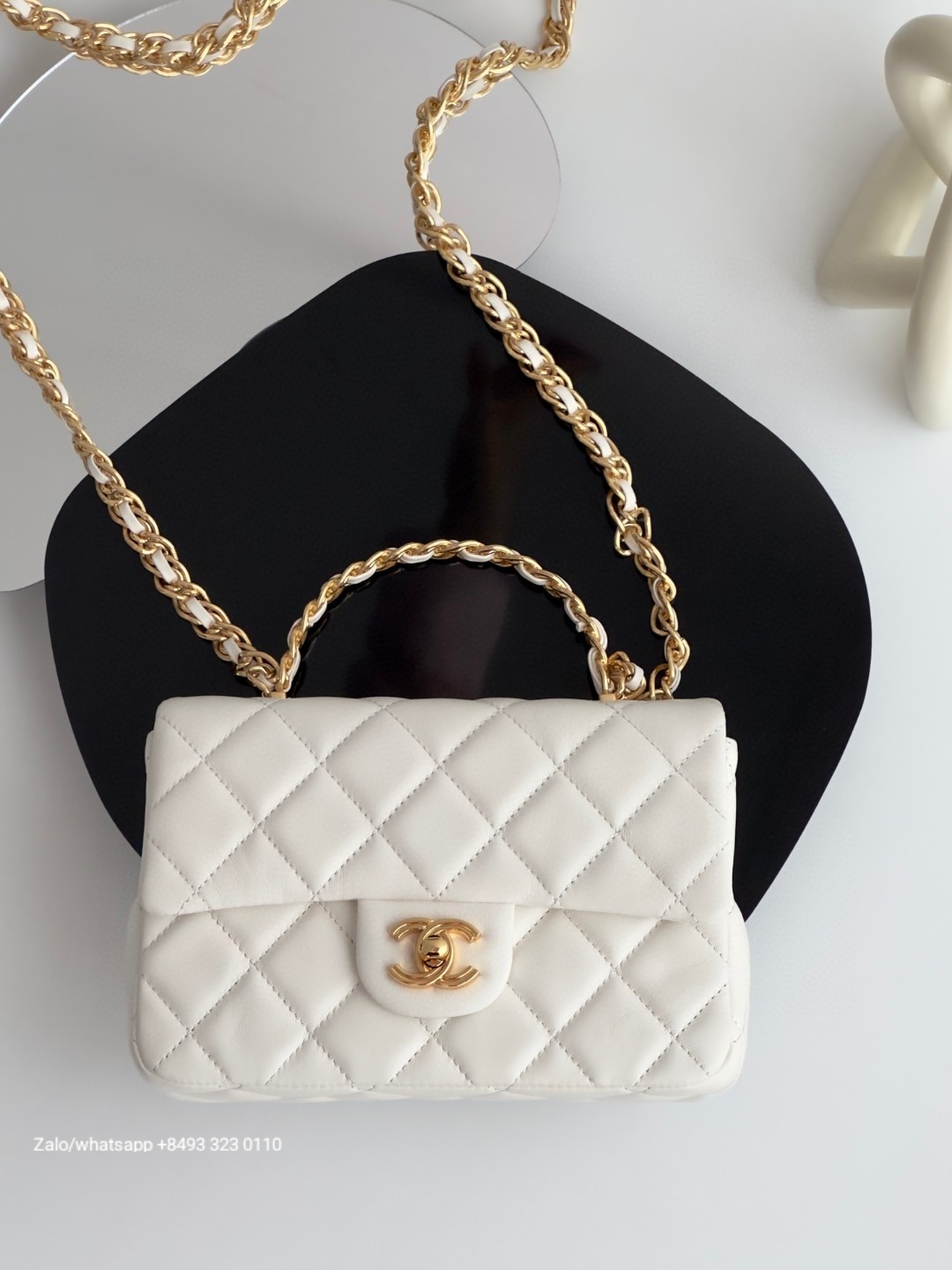 CHANEL MINI FLAP BAG WITH TOP HANDLE Shiny Lambskin Gold-Tone Metal white