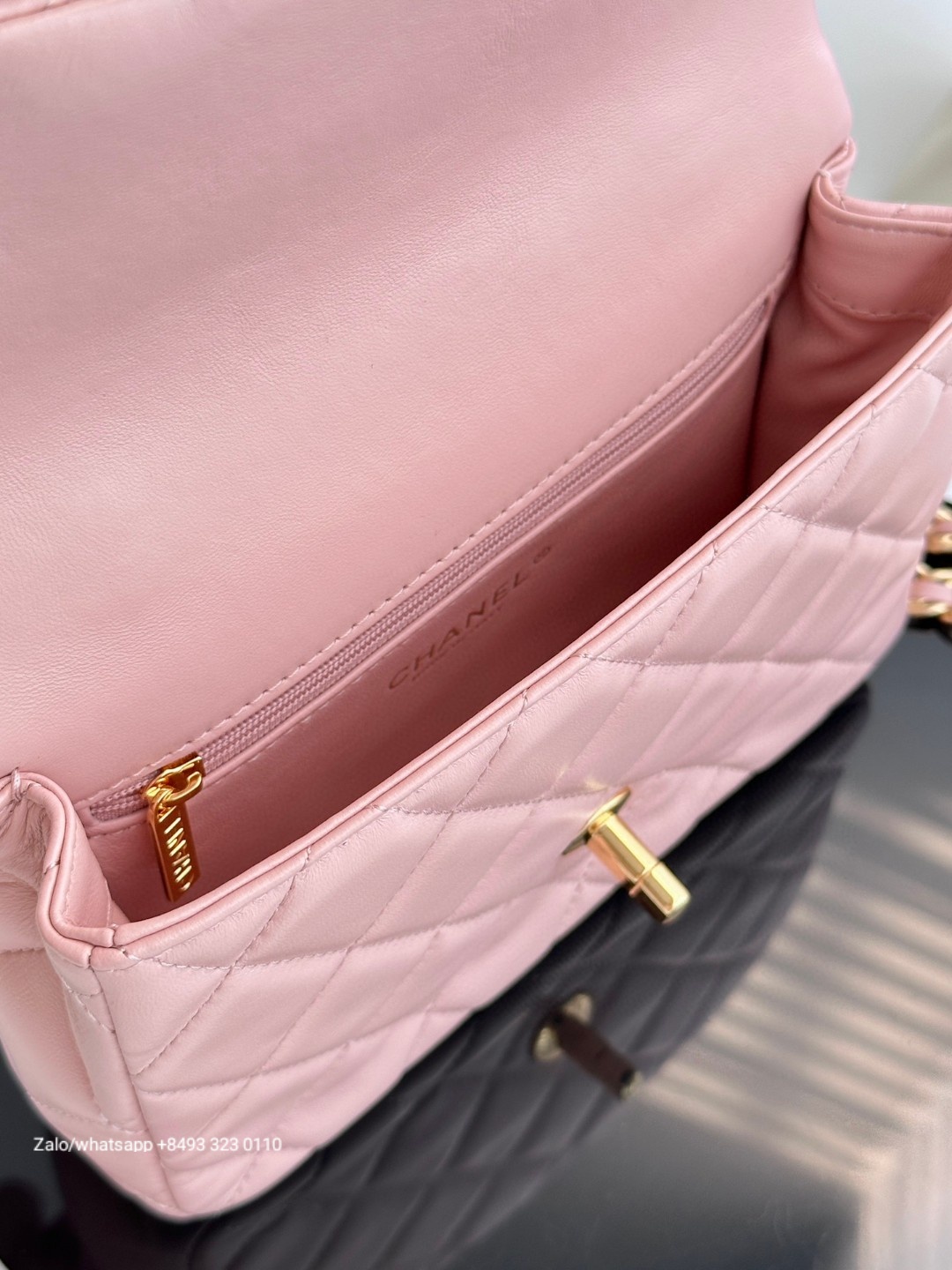 CHANEL MINI FLAP BAG WITH TOP HANDLE Shiny Lambskin Gold-Tone Metal pink