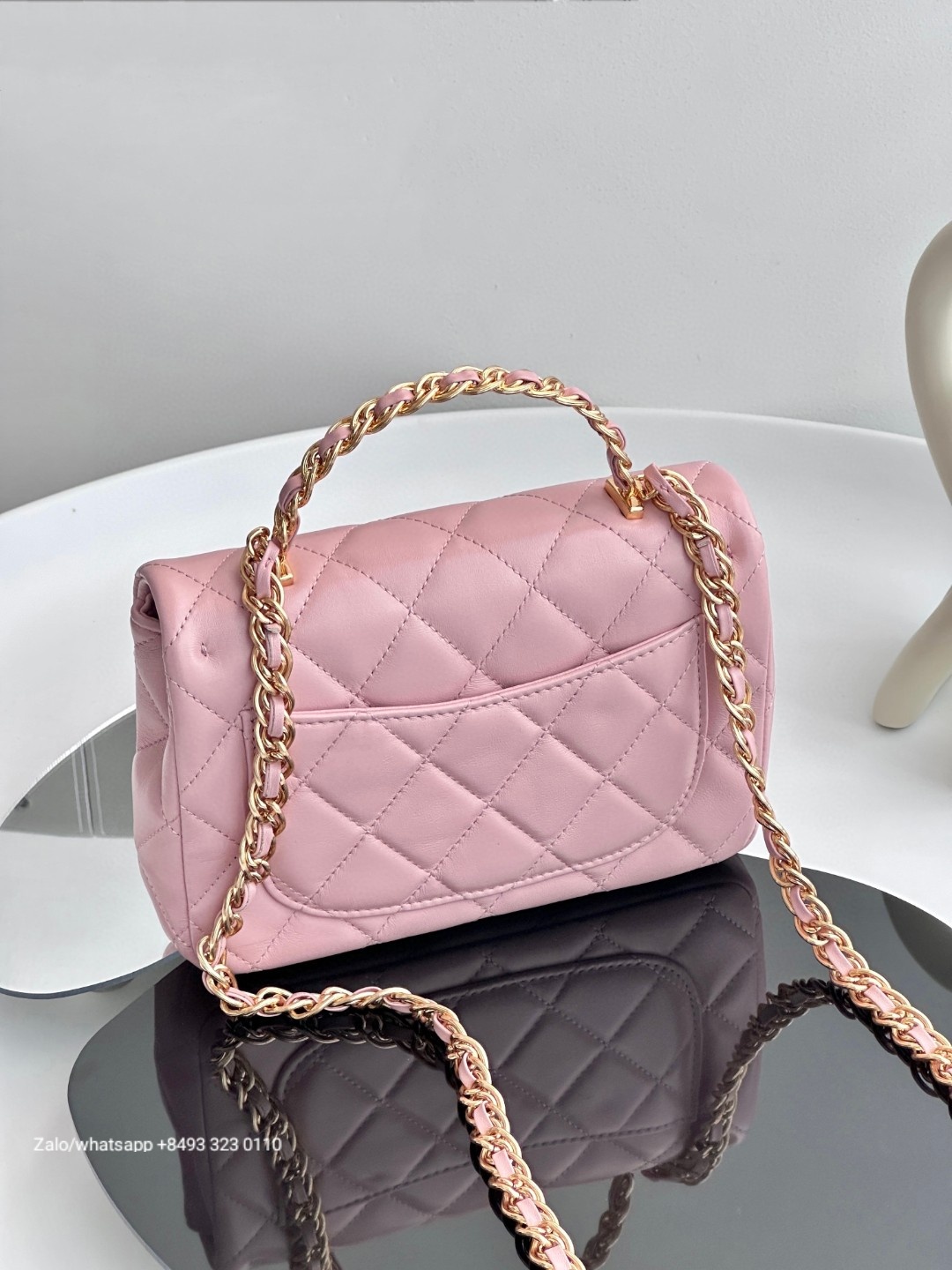 CHANEL MINI FLAP BAG WITH TOP HANDLE Shiny Lambskin Gold-Tone Metal pink