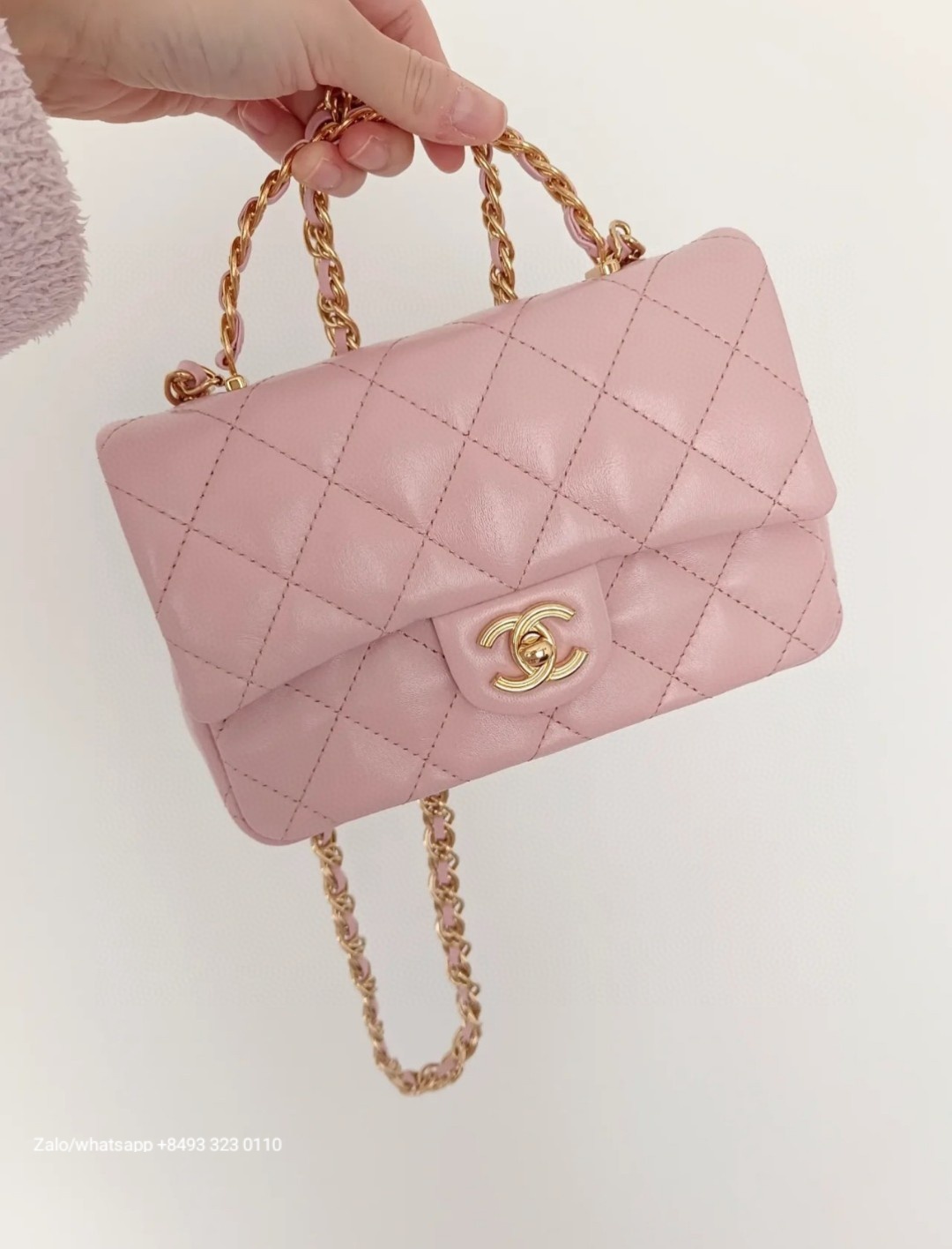 CHANEL MINI FLAP BAG WITH TOP HANDLE Shiny Lambskin Gold-Tone Metal pink