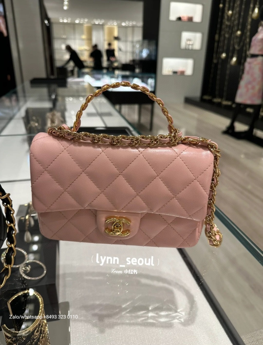 CHANEL MINI FLAP BAG WITH TOP HANDLE Shiny Lambskin Gold-Tone Metal pink