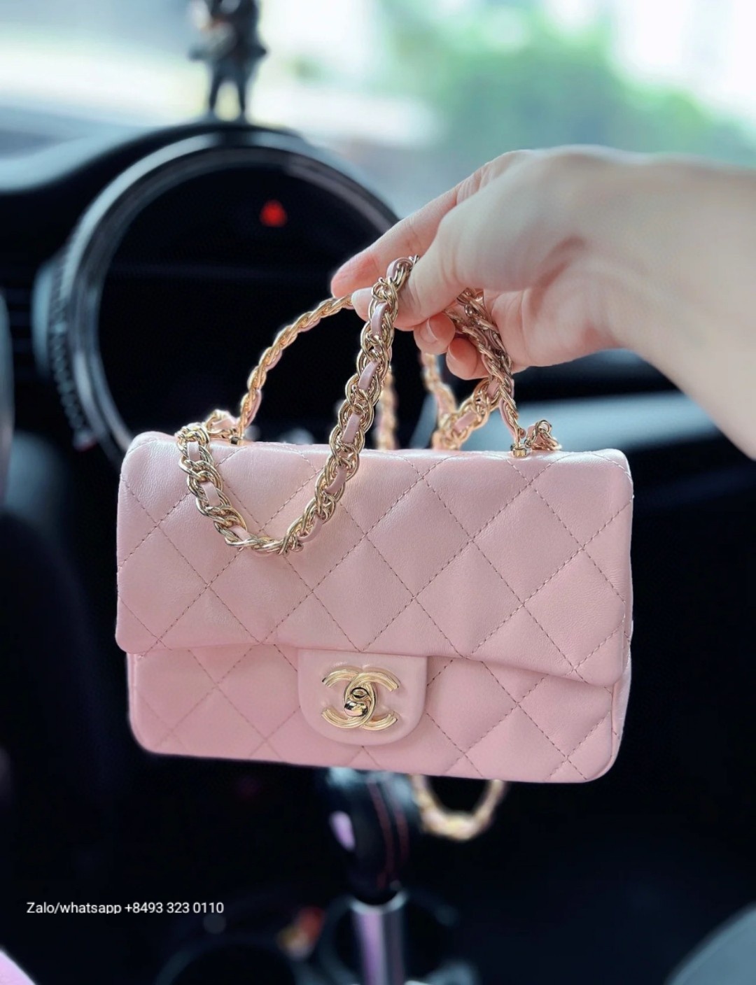 CHANEL MINI FLAP BAG WITH TOP HANDLE Shiny Lambskin Gold-Tone Metal pink