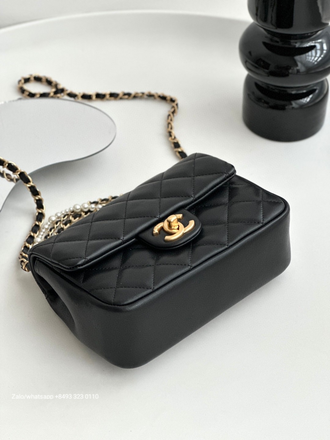 CHANEL Small FLAP BAG WITH TOP HANDLE Shiny Lambskin, Imitation Pearls & Gold-Tone Metal Black