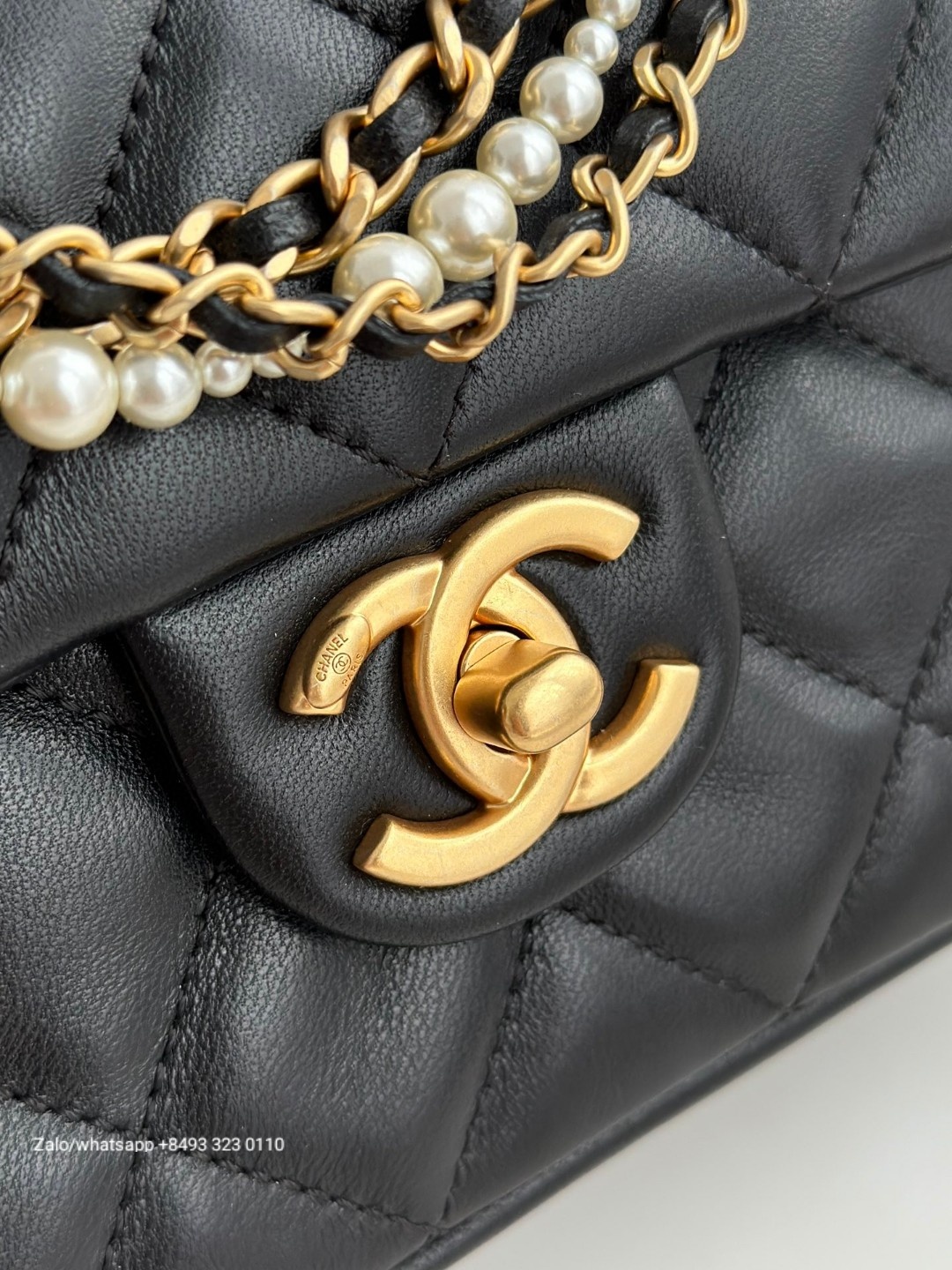 CHANEL Small FLAP BAG WITH TOP HANDLE Shiny Lambskin, Imitation Pearls & Gold-Tone Metal Black