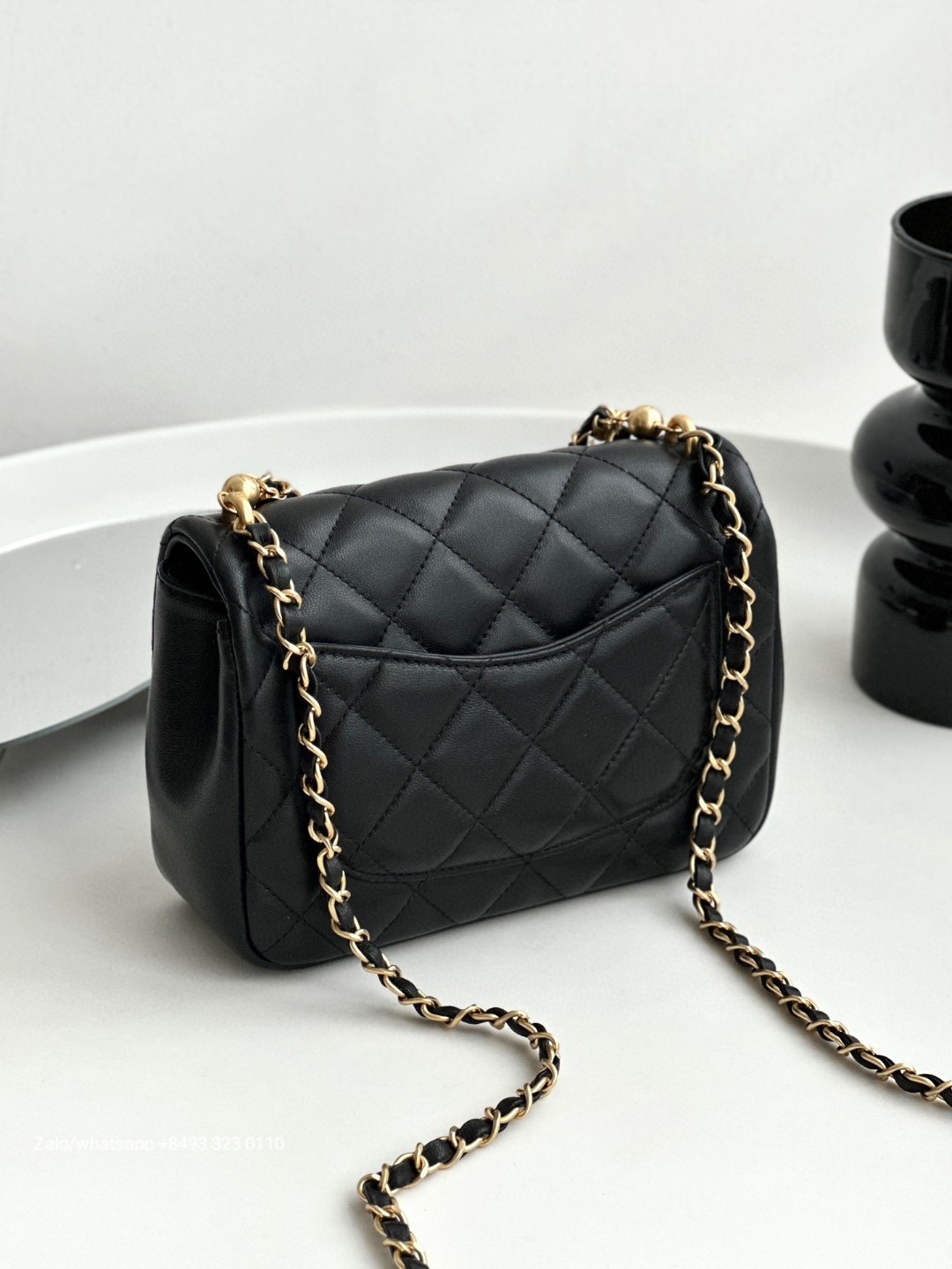 CHANEL FLAP BAG WITH TOP HANDLE Shiny Lambskin, Imitation Pearls & Gold-Tone Metal Black