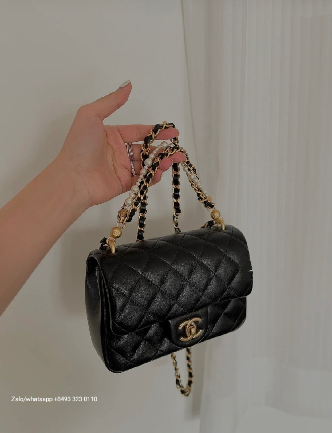 CHANEL Small FLAP BAG WITH TOP HANDLE Shiny Lambskin, Imitation Pearls & Gold-Tone Metal Black