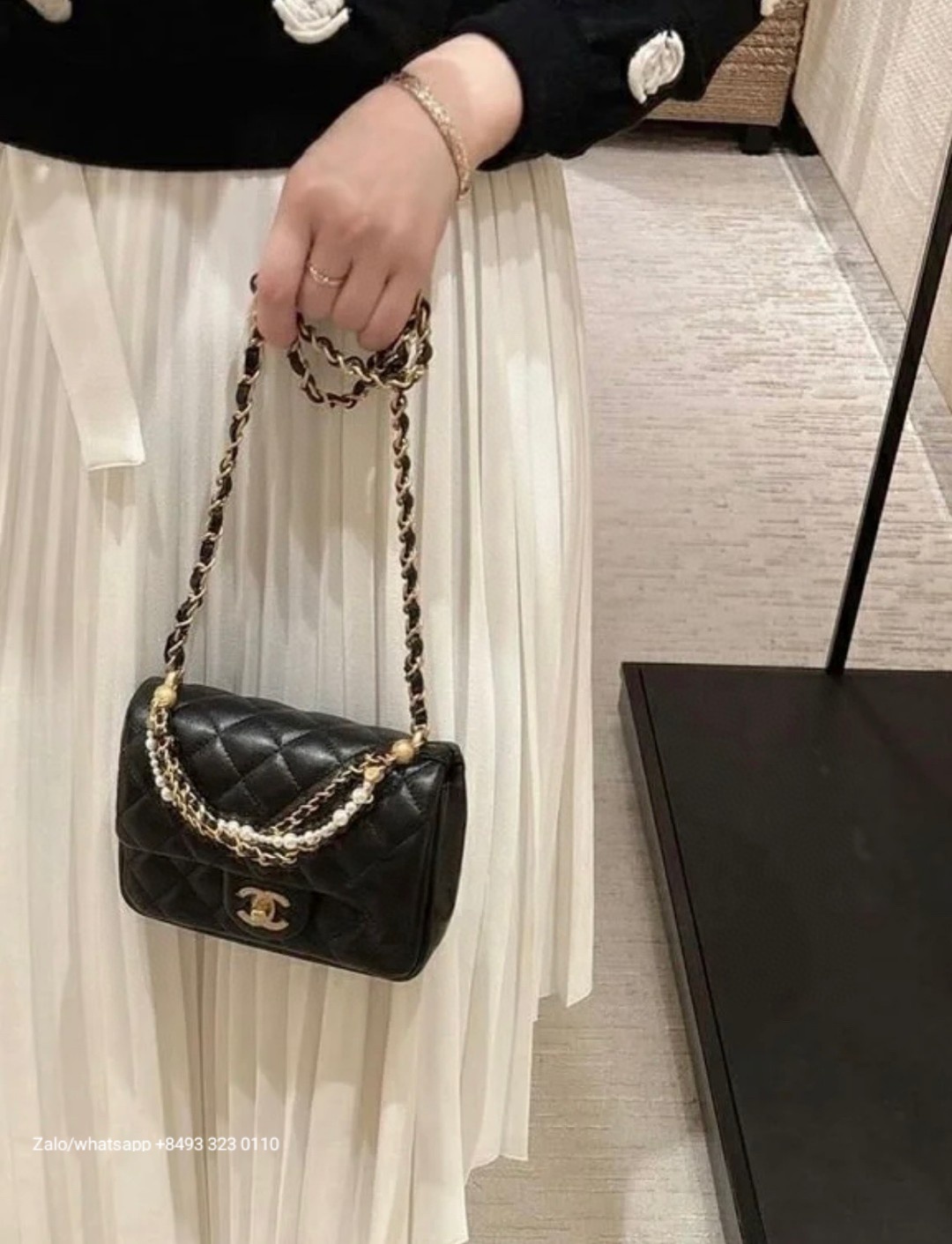 CHANEL Small FLAP BAG WITH TOP HANDLE Shiny Lambskin, Imitation Pearls & Gold-Tone Metal Black