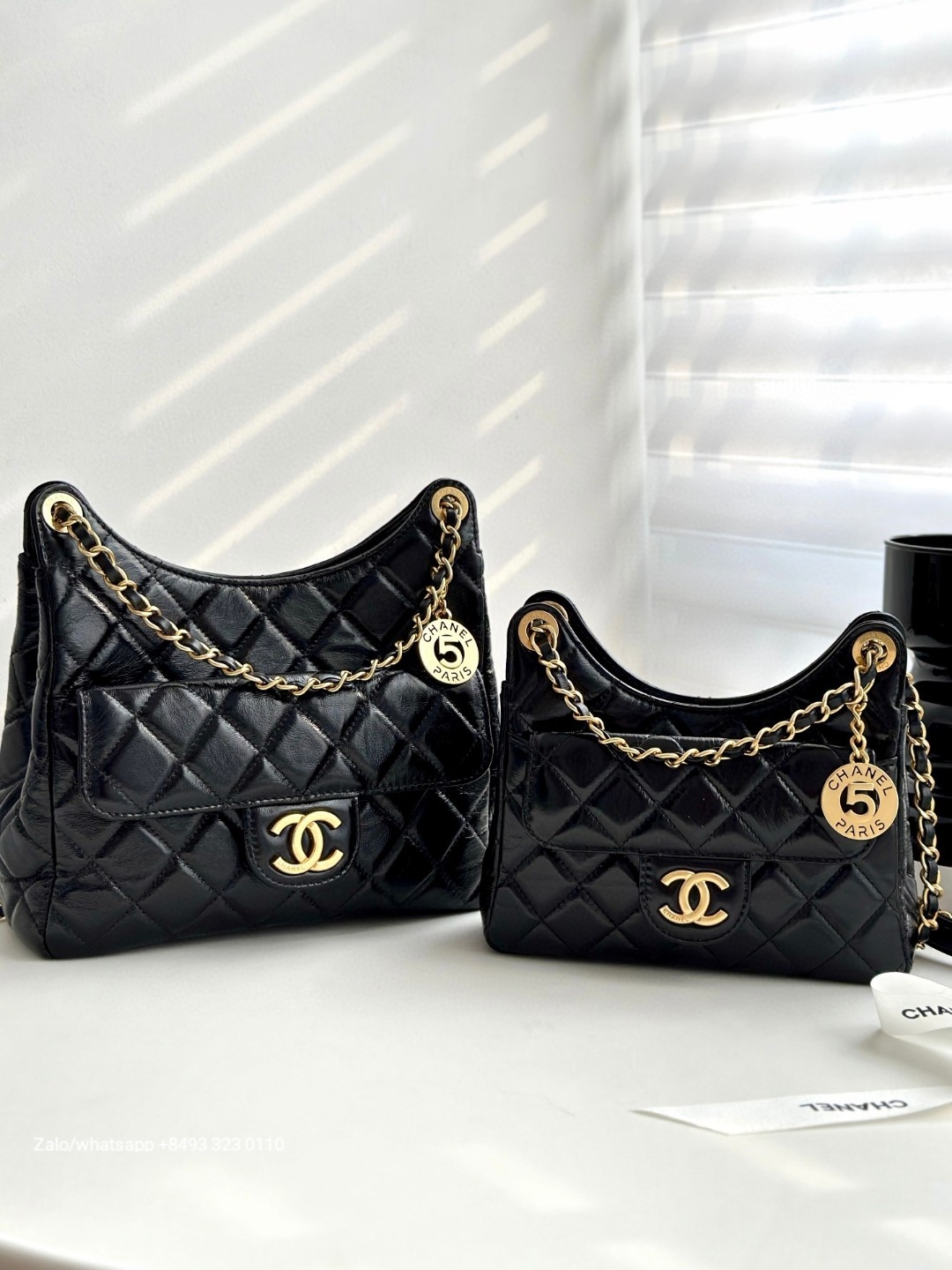 CHANEL SMALL HOBO BAG Shiny Crumpled Calfskin & Gold-Tone Metal Black AS4323 C2