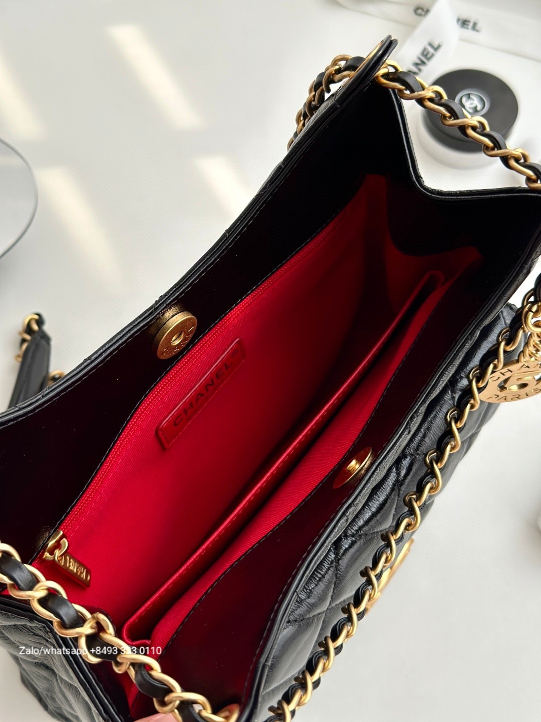 CHANEL SMALL HOBO BAG Shiny Crumpled Calfskin & Gold-Tone Metal Black AS4323 C2