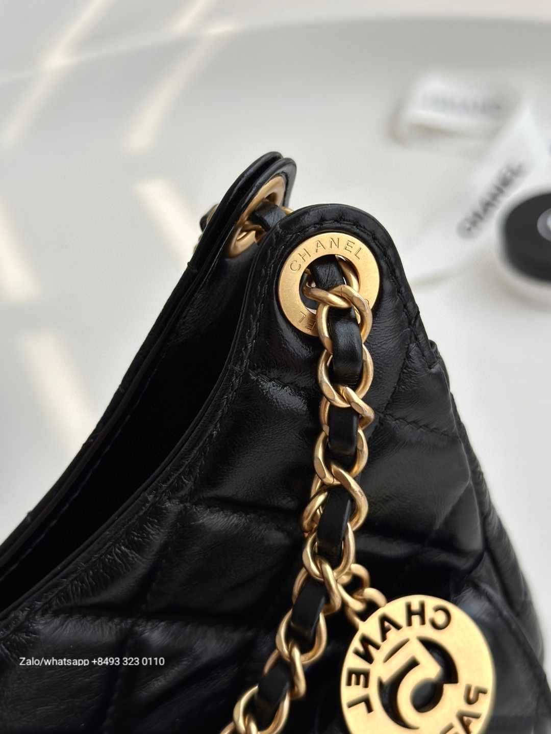 CHANEL SMALL HOBO BAG Shiny Crumpled Calfskin & Gold-Tone Metal Black AS4323 C2