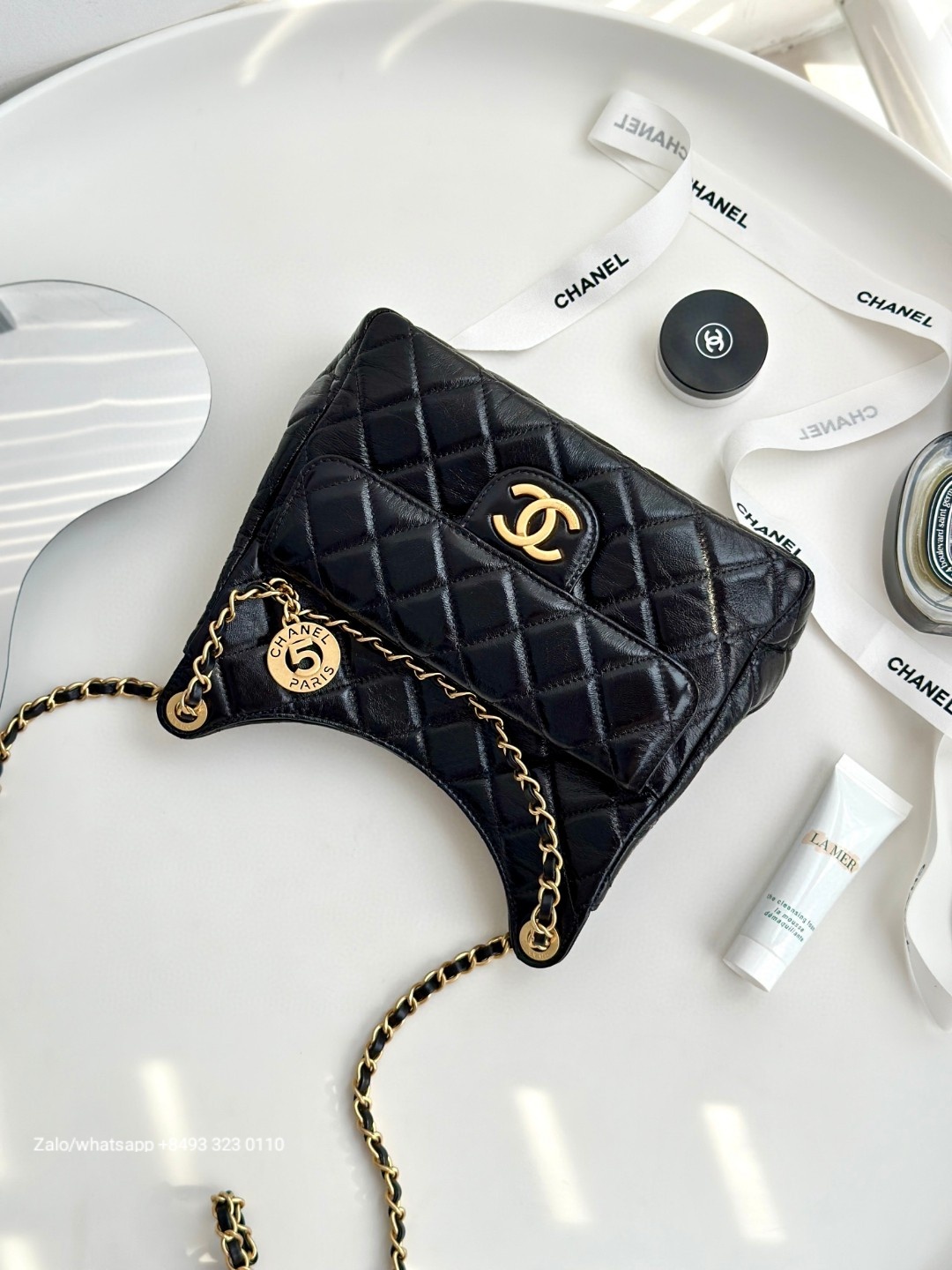 CHANEL SMALL HOBO BAG Shiny Crumpled Calfskin & Gold-Tone Metal Black AS4323 C2