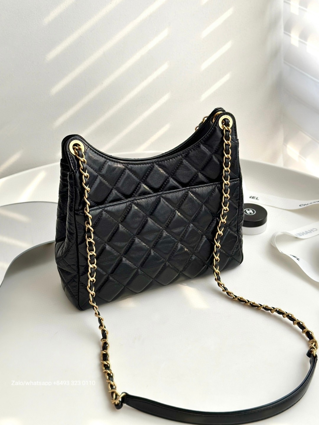 CHANEL SMALL HOBO BAG Shiny Crumpled Calfskin & Gold-Tone Metal Black AS4323 C2