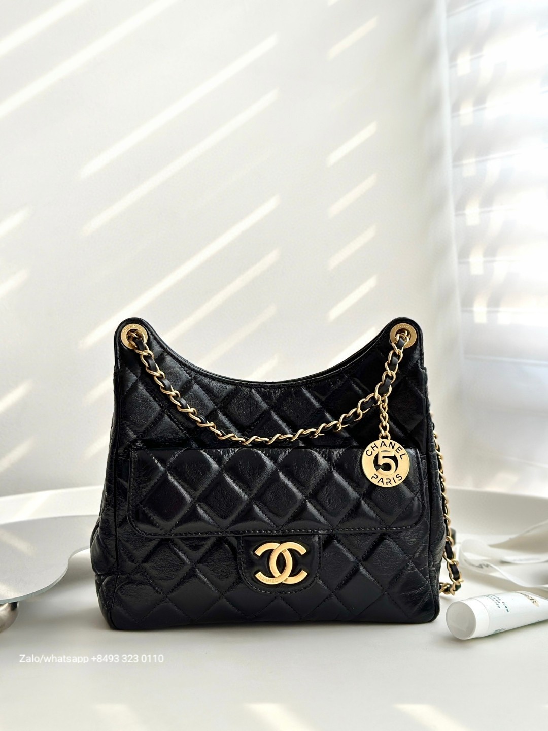 CHANEL SMALL HOBO BAG Shiny Crumpled Calfskin & Gold-Tone Metal Black AS4323 C2