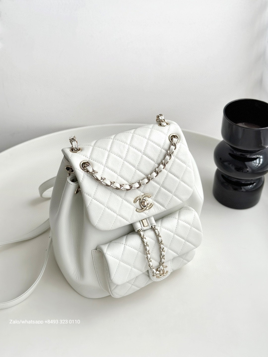CHANEL Duma BACKPACK Lambskin Gold-Tone Metal white