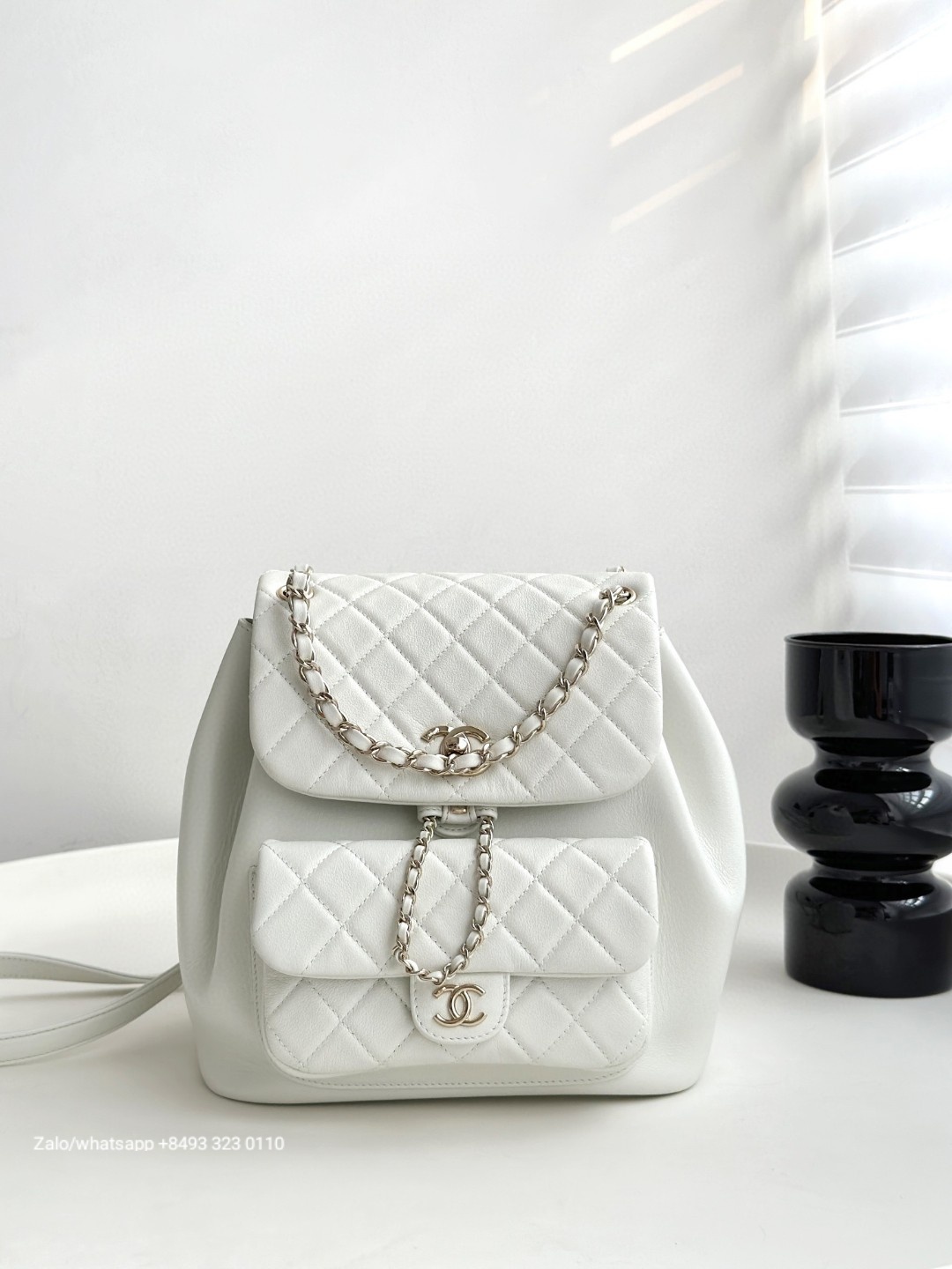 CHANEL Duma BACKPACK Lambskin Gold-Tone Metal white