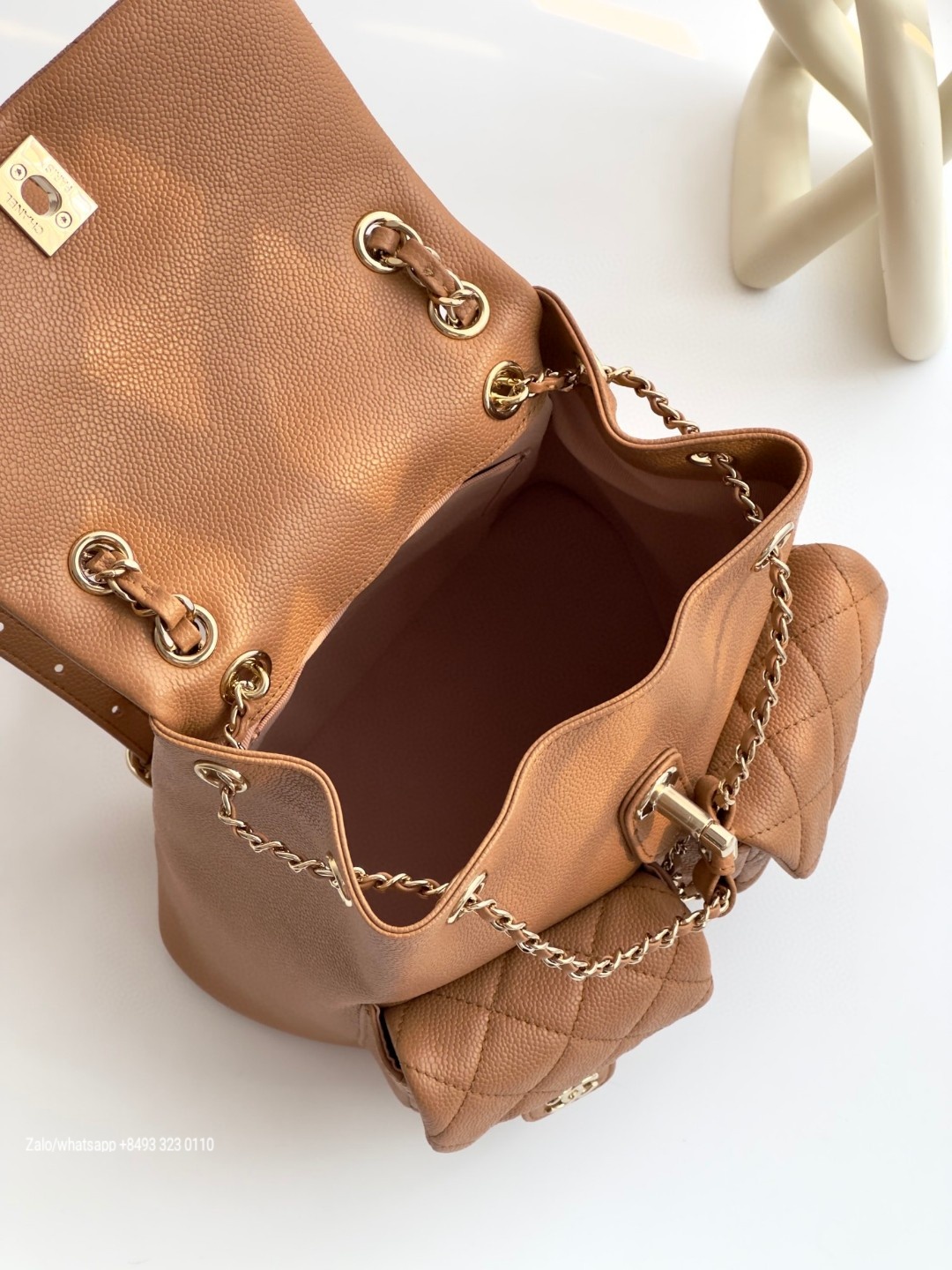 CHANEL Small BACKPACK Grained Calfskin & Gold-Tone Metal Beige AS3787