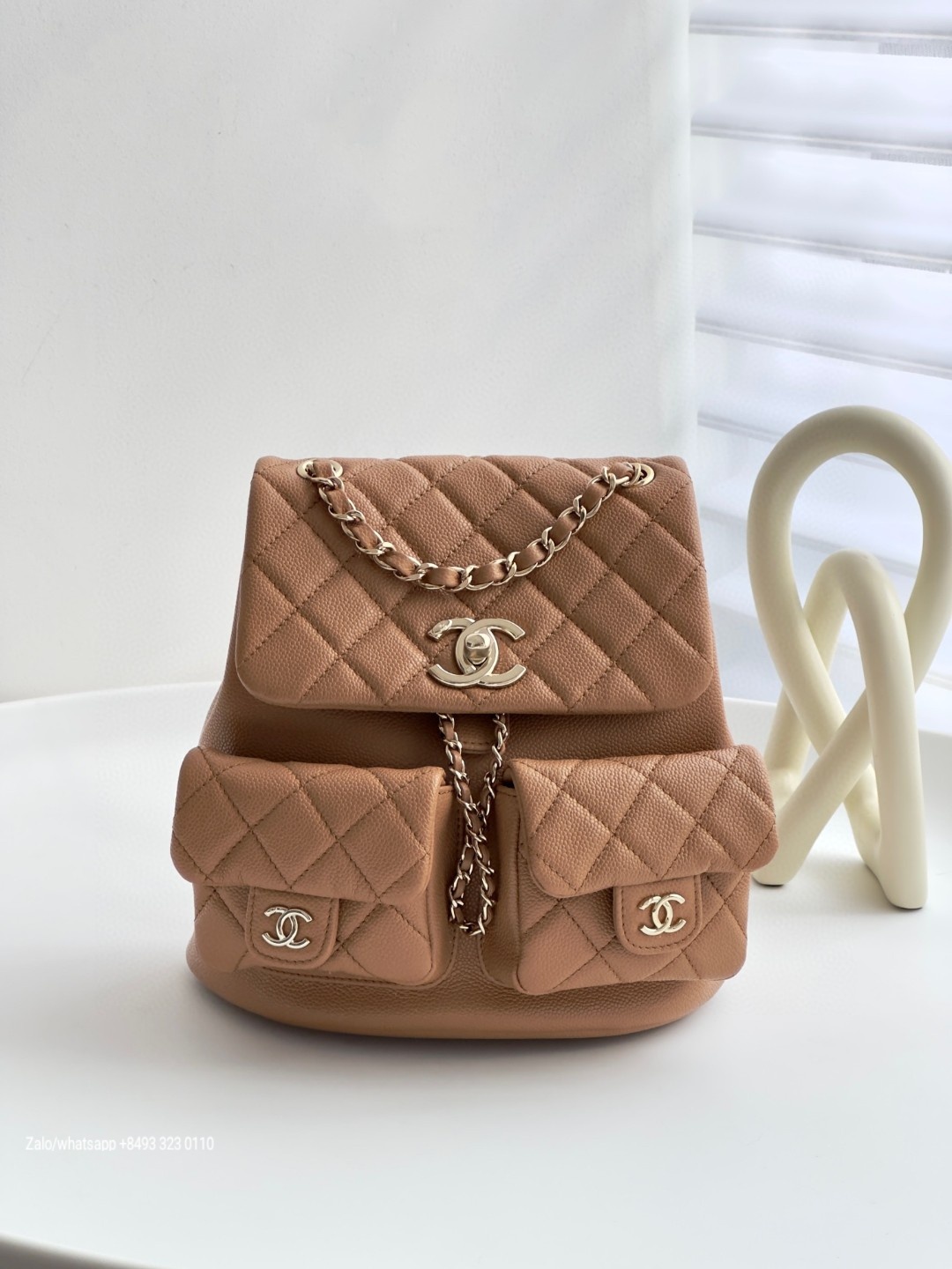 CHANEL Small BACKPACK Grained Calfskin & Gold-Tone Metal Beige AS3787