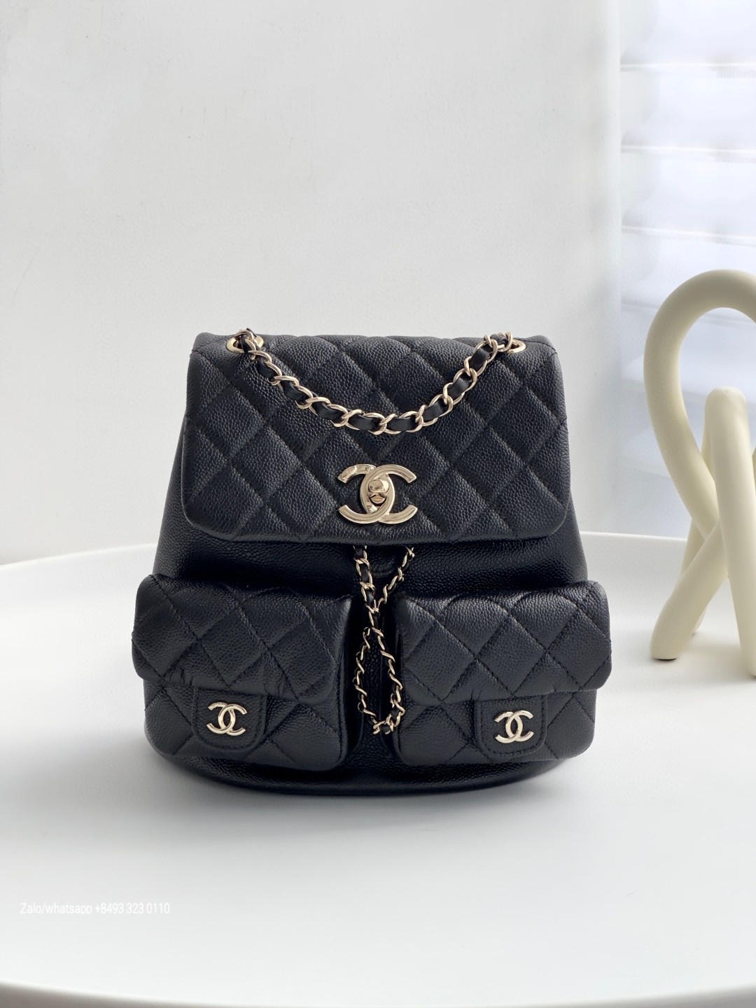 CHANEL BACKPACK Grained Calfskin & Gold-Tone Metal Black AS3787