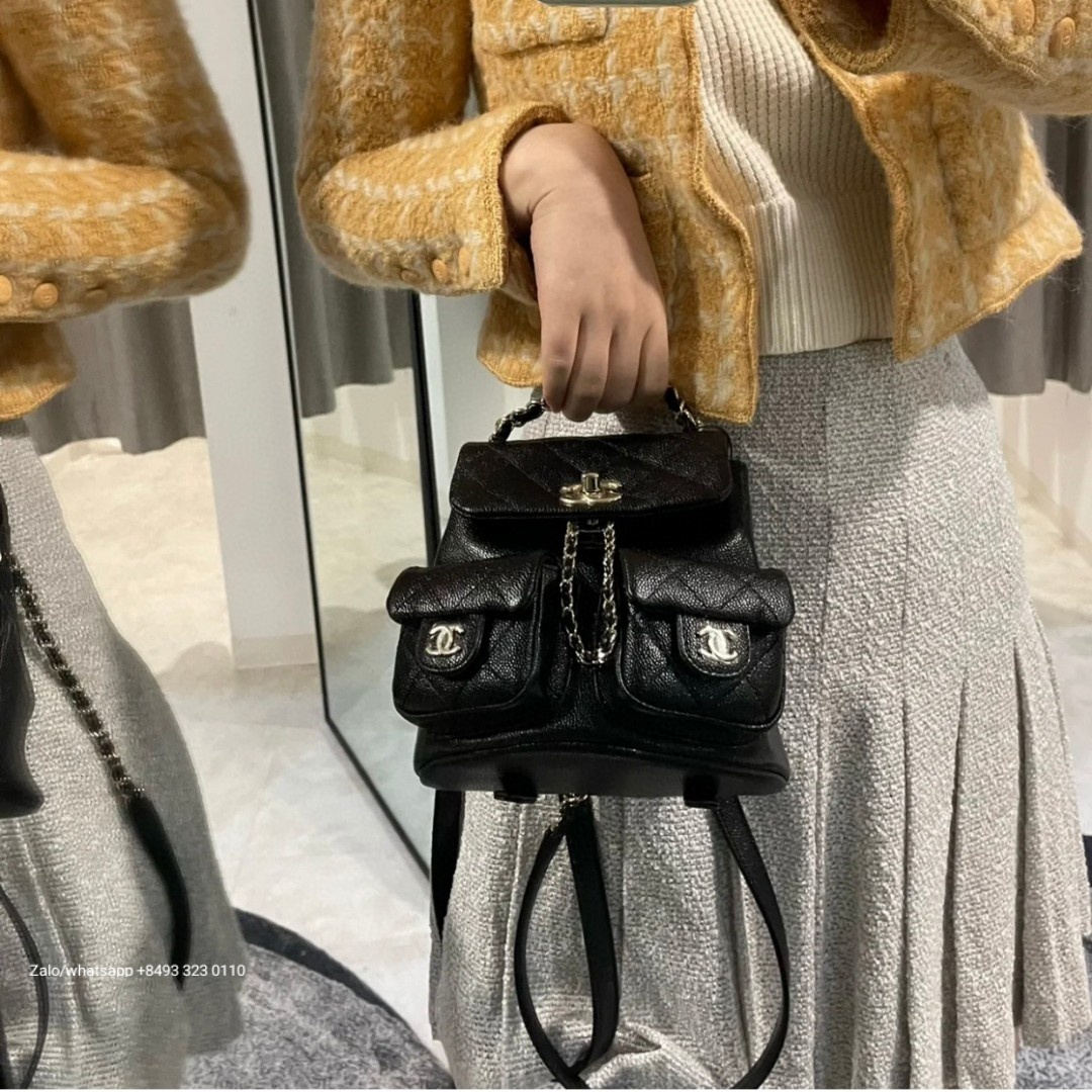 CHANEL Small BACKPACK Grained Calfskin & Gold-Tone Metal black AS3787