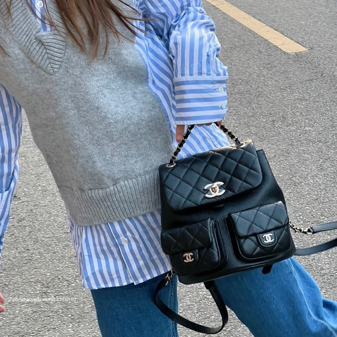 CHANEL BACKPACK Grained Calfskin & Gold-Tone Metal Black AS3787