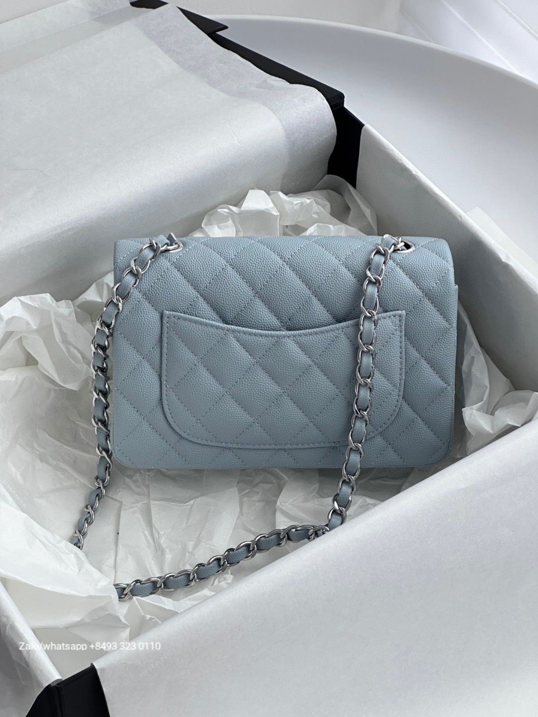 CHANEL MINI CLASSIC HANDBAG GRAINED CALFSKIN & Dark-Tone Metal Blue