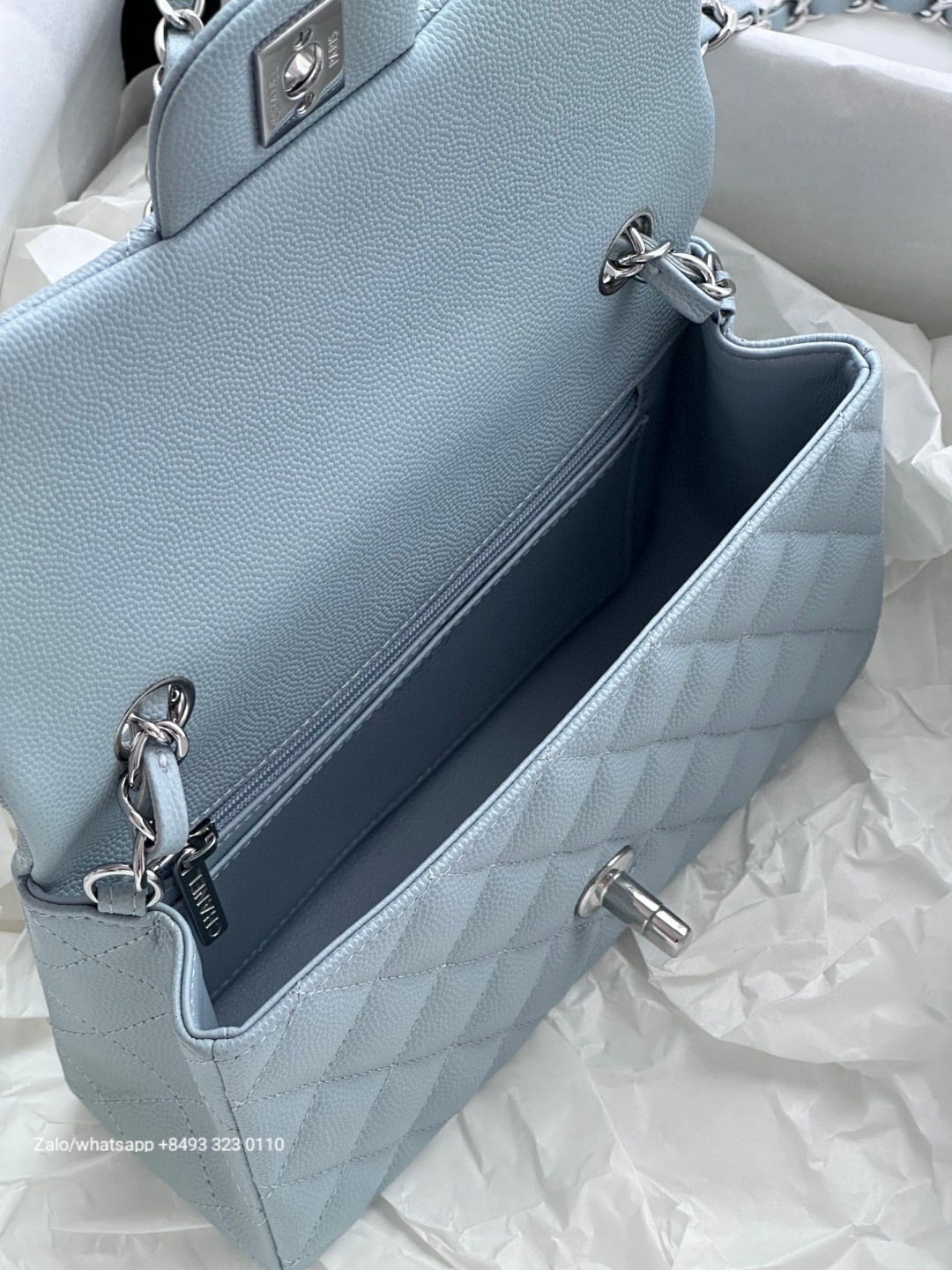 CHANEL MINI CLASSIC HANDBAG GRAINED CALFSKIN & Dark-Tone Metal Blue