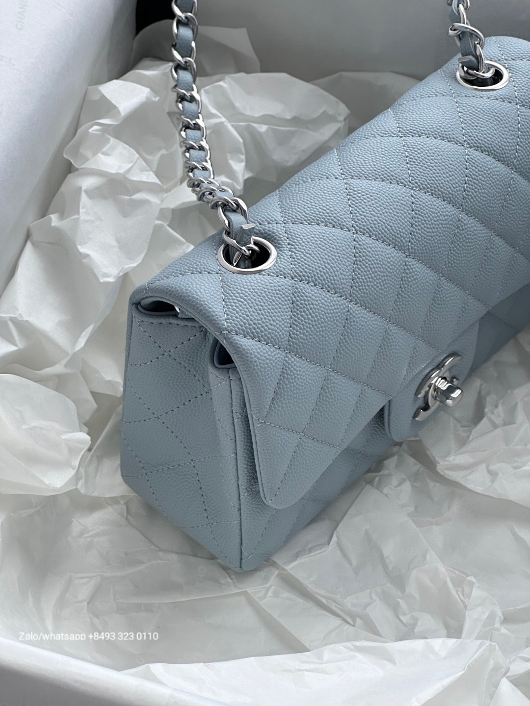 CHANEL MINI CLASSIC HANDBAG GRAINED CALFSKIN & Dark-Tone Metal Blue