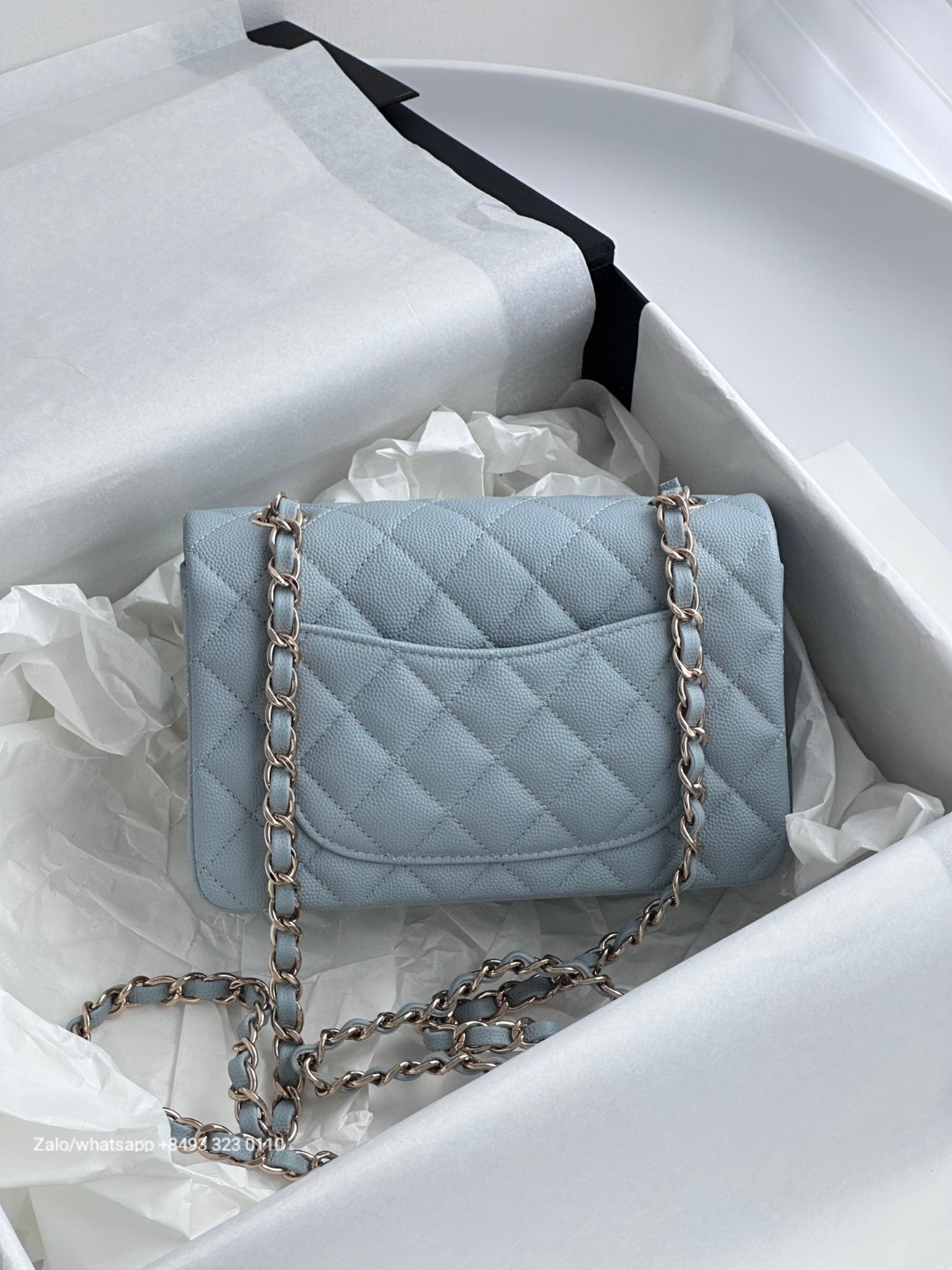 CHANEL MINI CLASSIC HANDBAG GRAINED CALFSKIN & Gold-Tone Metal Blue