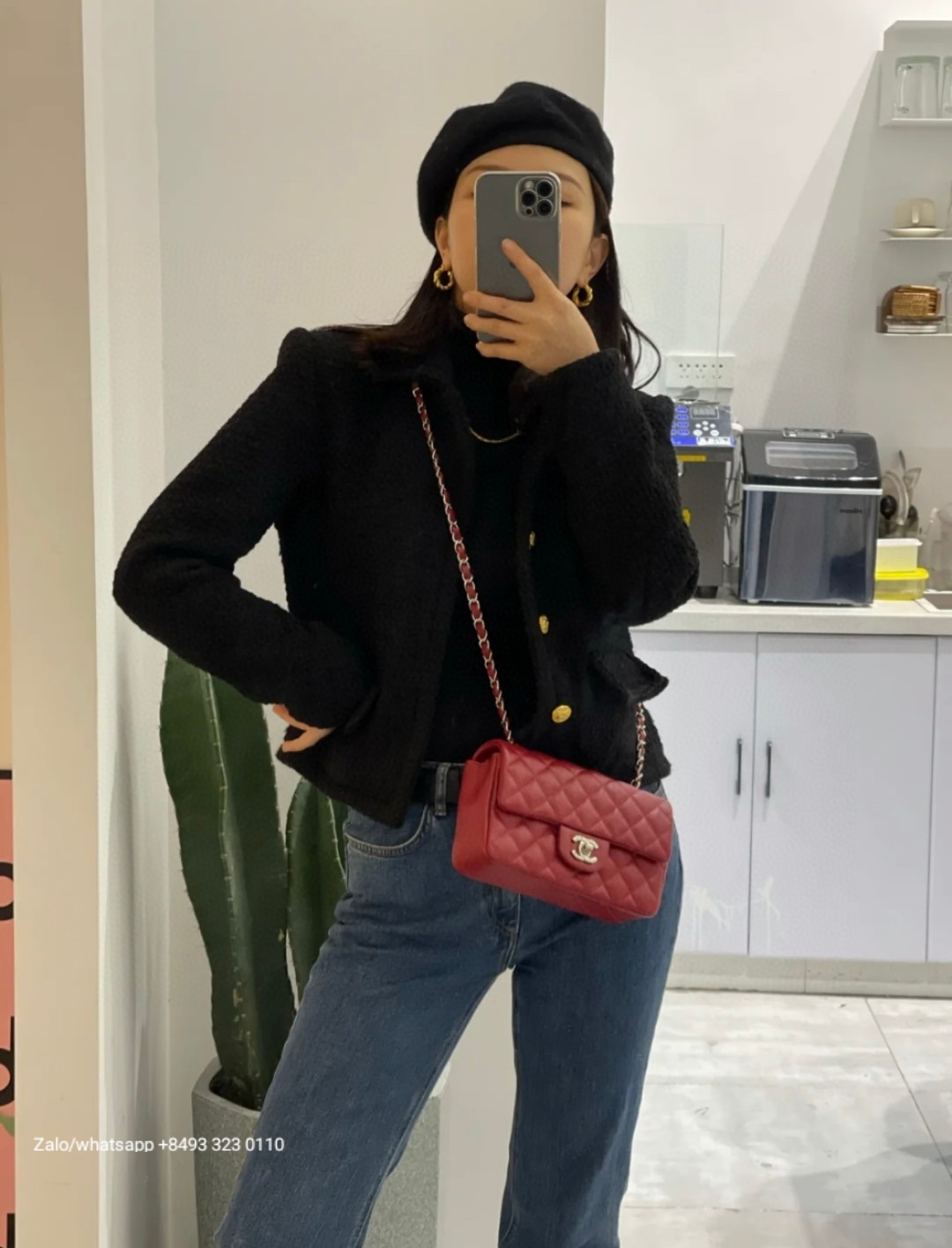 CHANEL MINI CLASSIC HANDBAG GRAINED CALFSKIN & Gold-Tone Metal Red