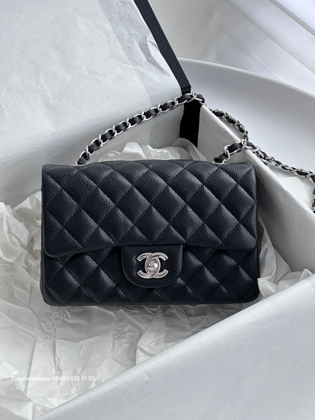 CHANEL MINI CLASSIC HANDBAG GRAINED CALFSKIN & Dark-Tone Metal Black