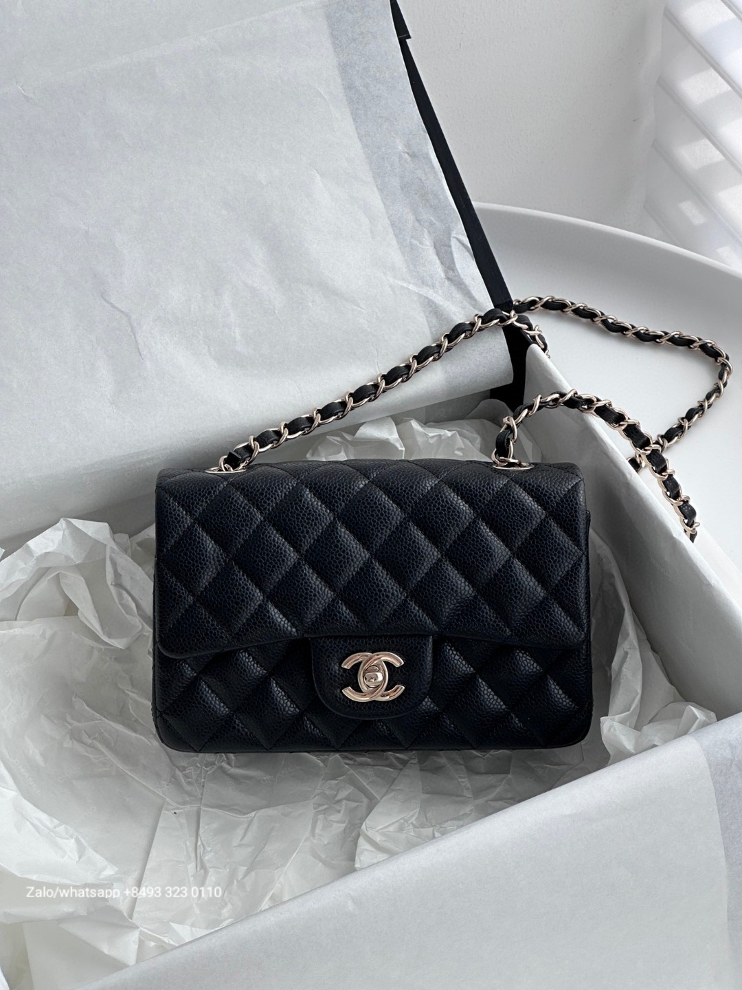 CHANEL MINI CLASSIC HANDBAG GRAINED CALFSKIN & Gold-Tone Metal Black