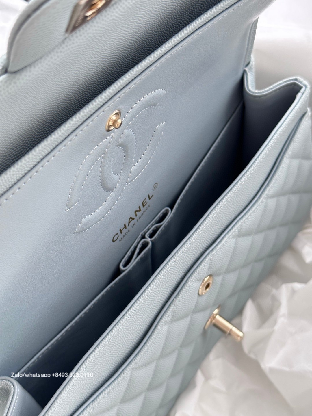 CHANEL CLASSIC 11.12 HANDBAG Grained Shiny Calfskin & Gold-Tone Metal Blue