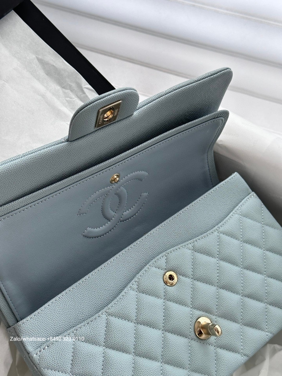 CHANEL CLASSIC 11.12 HANDBAG Grained Shiny Calfskin & Gold-Tone Metal Blue