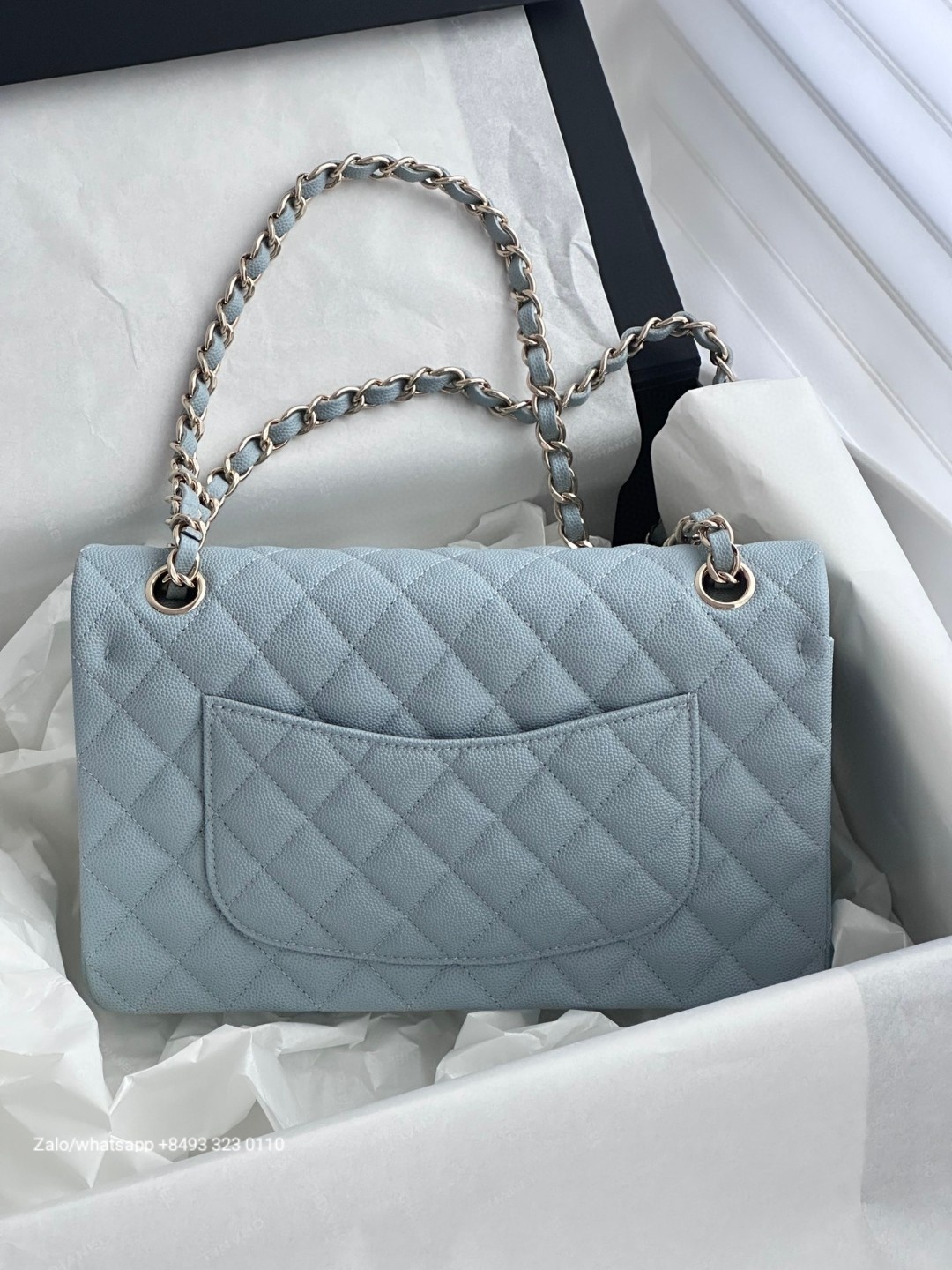 CHANEL CLASSIC 11.12 HANDBAG Grained Shiny Calfskin & Gold-Tone Metal Blue