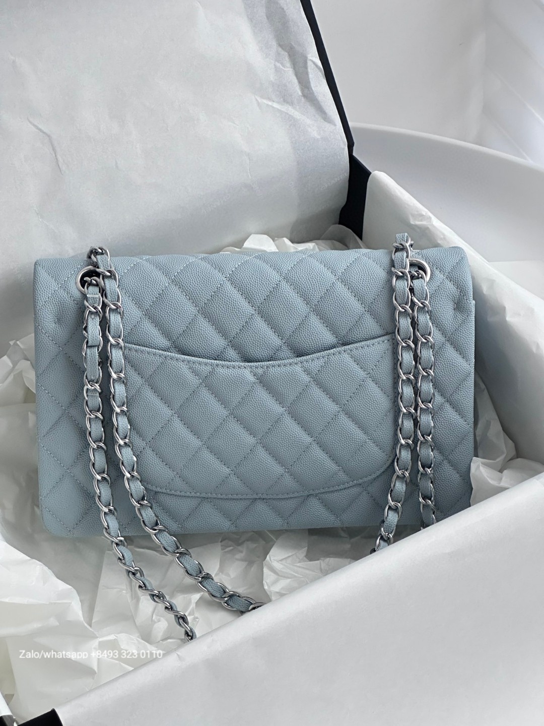 CHANEL CLASSIC 11.12 HANDBAG Grained Shiny Calfskin & Dark-Tone Metal Blue